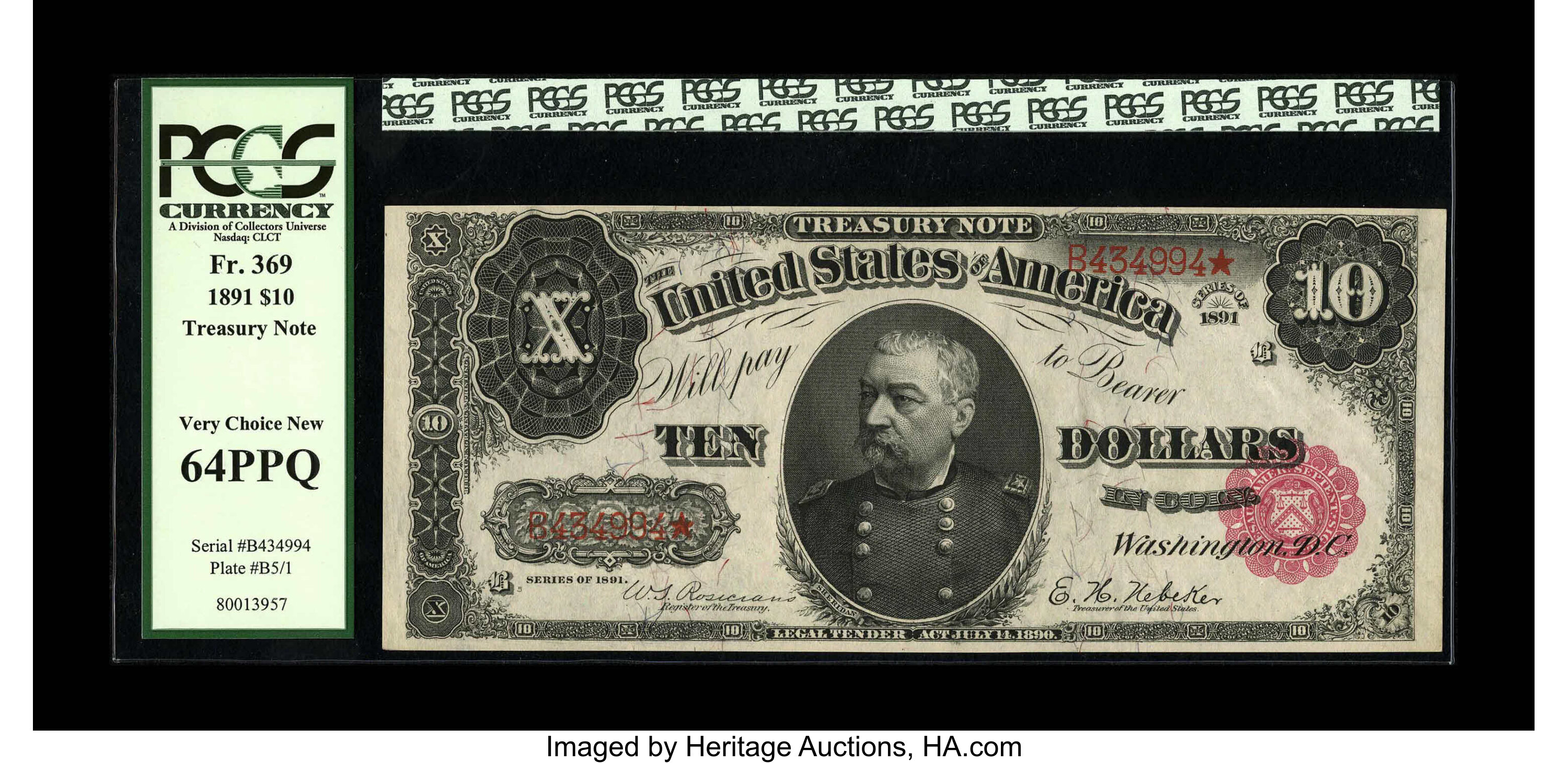 image for: Fr. 369 $10 1891 Treasury Note PCGS Very Choice New 64PPQ. This $10 Coin Note is well preserved thus saving its strong embos...
