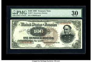 image for: Fr. 377 $100 1890 Treasury Note PMG Very Fine 30. This Watermelon Hundred is one of fewer than three dozen examples of its t...