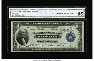 image for: Fr. 710 $1 1918 Federal Reserve Bank Note CGA Gem Uncirculated 65. Broad margins, ideal colors, and lots of eye appeal grace...