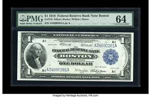 image for: Fr. 710 $1 1918 Federal Reserve Bank Note PMG Choice Uncirculated 64. A handsome Boston Ace.From The Collection of Greg ...