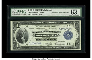 image for: Fr. 714 $1 1918 Federal Reserve Bank Note PMG Choice Uncirculated 63. This Philadelphia FRBN Ace has the neat solid serial n...