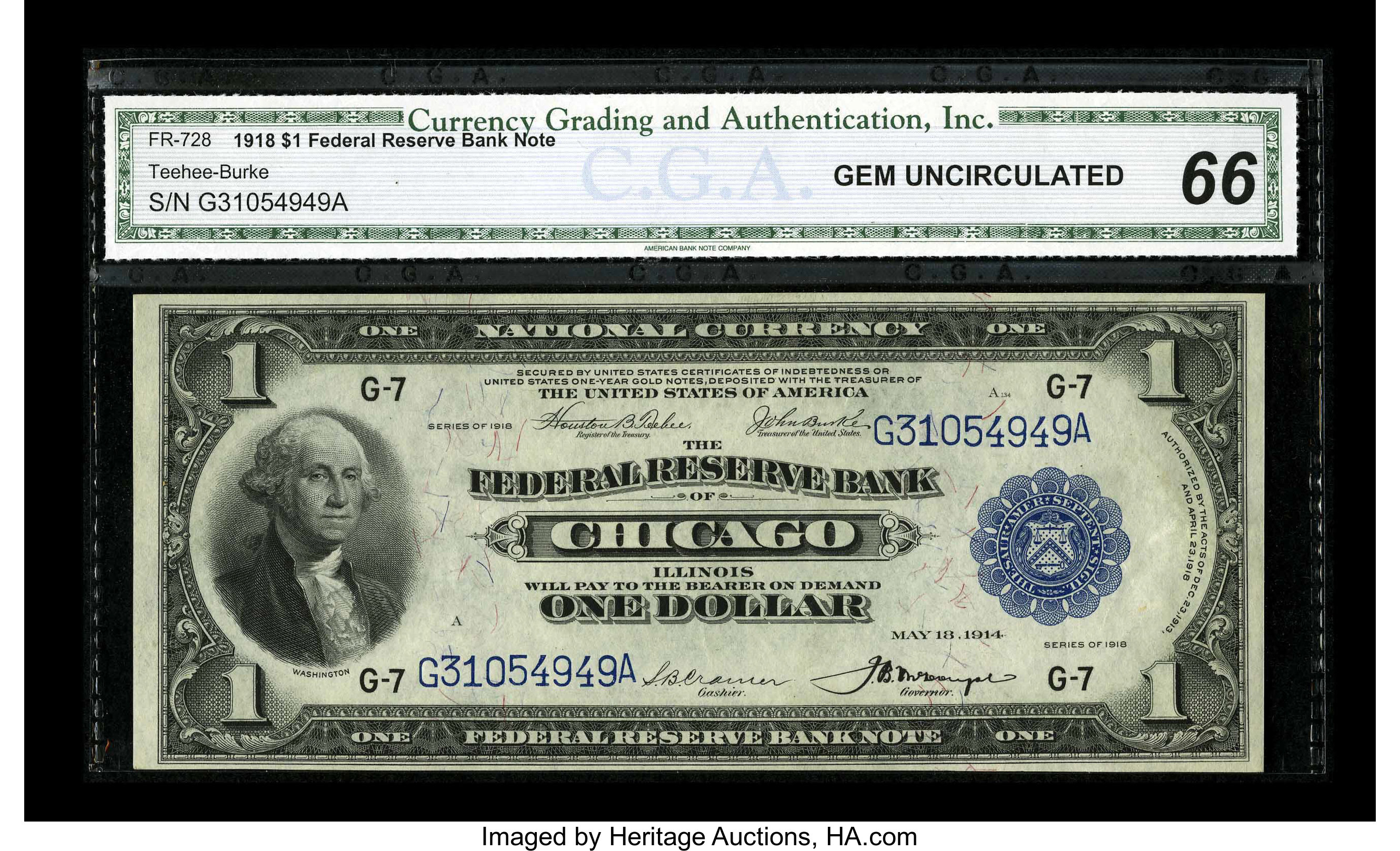 image for: Fr. 728 $1 1918 Federal Reserve Bank Note CGA Gem Uncirculated 66. The embossed serial numbers are about to punch through th...