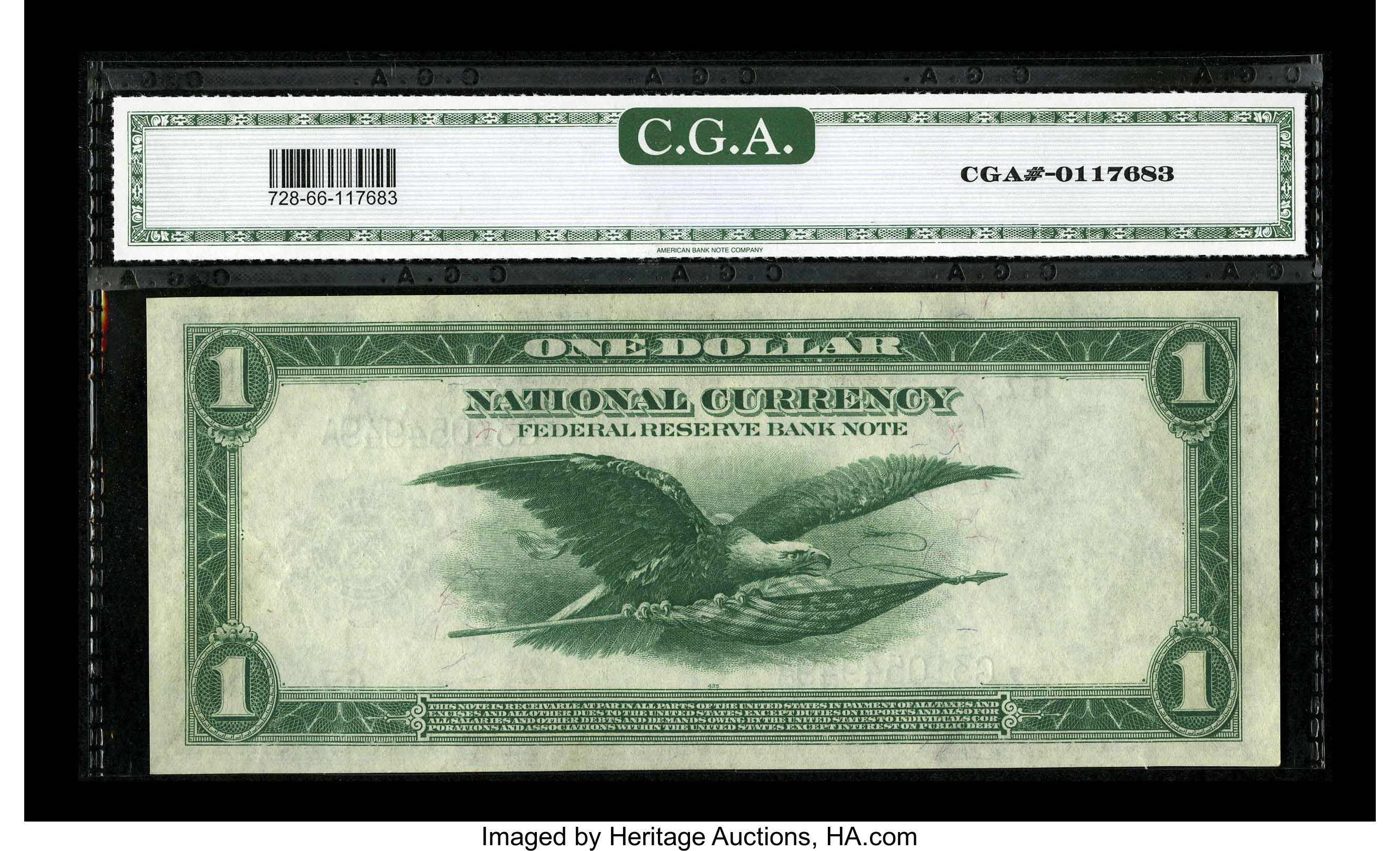 image for: Fr. 728 $1 1918 Federal Reserve Bank Note CGA Gem Uncirculated 66. The embossed serial numbers are about to punch through th...