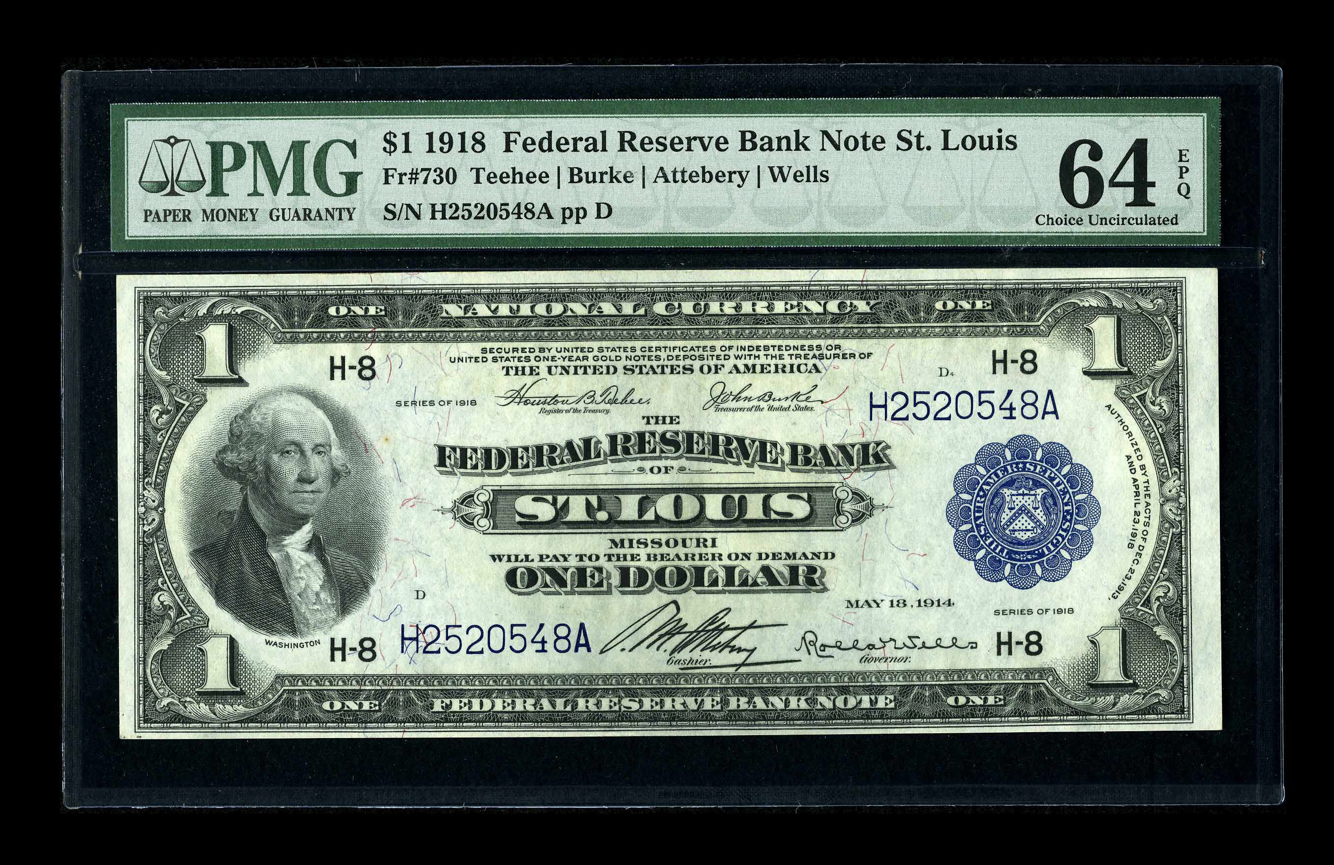 image for: Fr. 730 $1 1918 Federal Reserve Bank Note PMG Choice Uncirculated 64 EPQ. A handsome $1 FRBN that has garnered the EPQ desig...