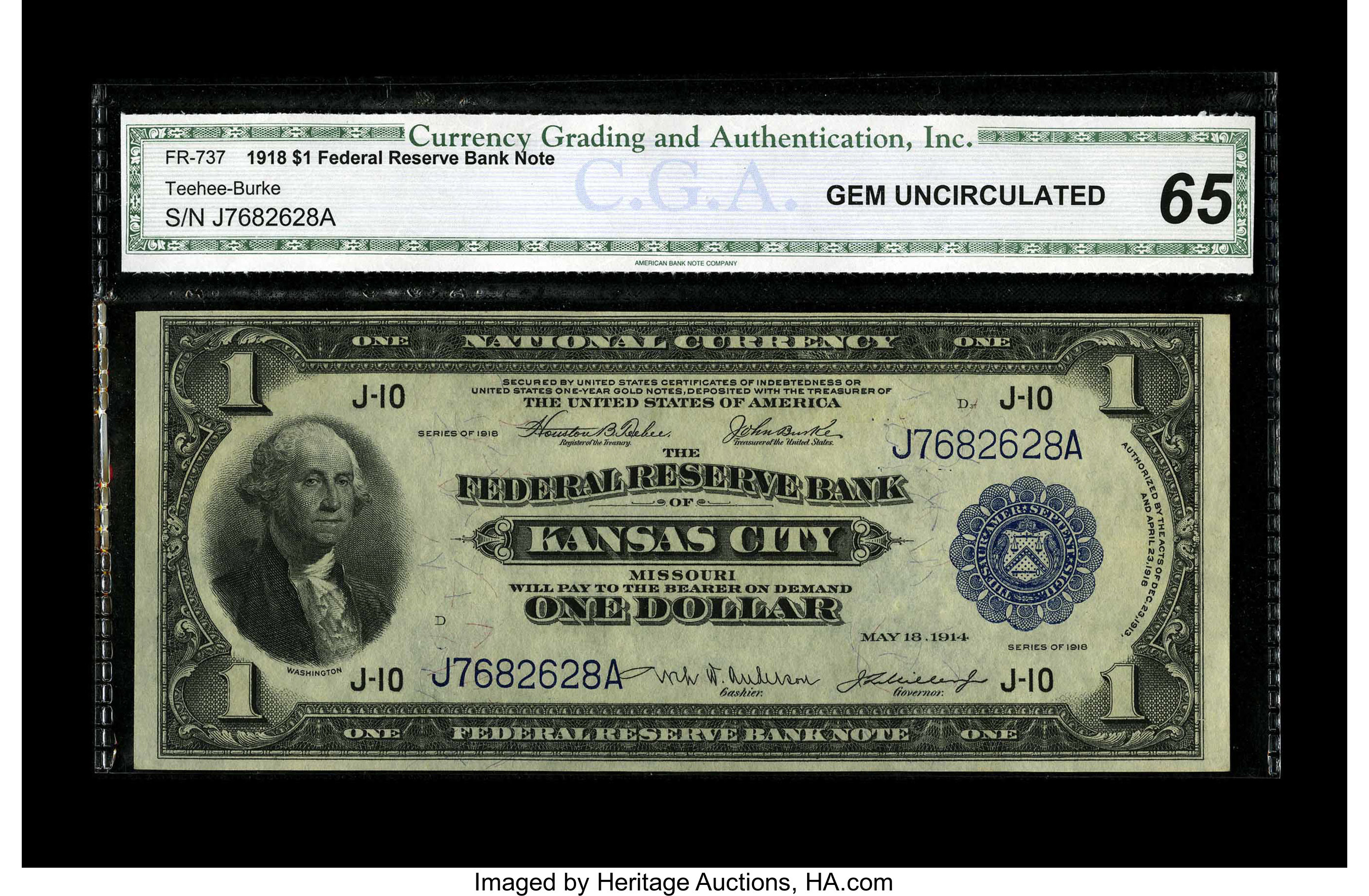image for: Fr. 737 $1 1918 Federal Reserve Bank Note CGA Gem Uncirculated 65. A well centered Gem with sharp corners and excellent eye ...
