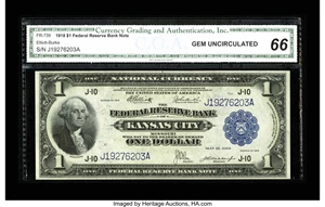 image for: Fr. 739 $1 1918 Federal Reserve Bank Note CGA Gem Uncirculated 66. Strong punch through embossing is on this well margined n...
