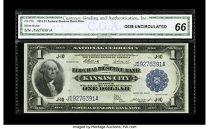 image for: Fr. 739 $1 1918 Federal Reserve Bank Note CGA Gem Uncirculated 66. A beautifully centered, fully bright, well embossed stric...