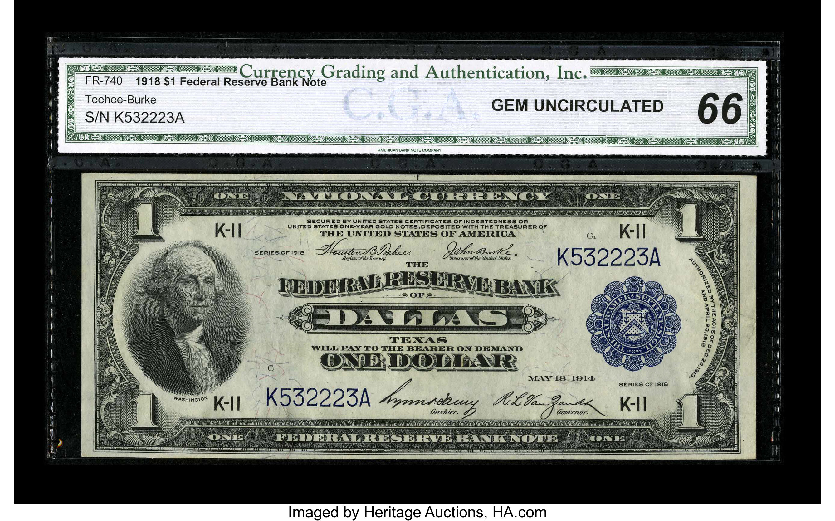 image for: Fr. 740 $1 1918 Federal Reserve Bank Note CGA Gem Uncirculated 66. Embossing of the serial numbers and paper waves are noted...