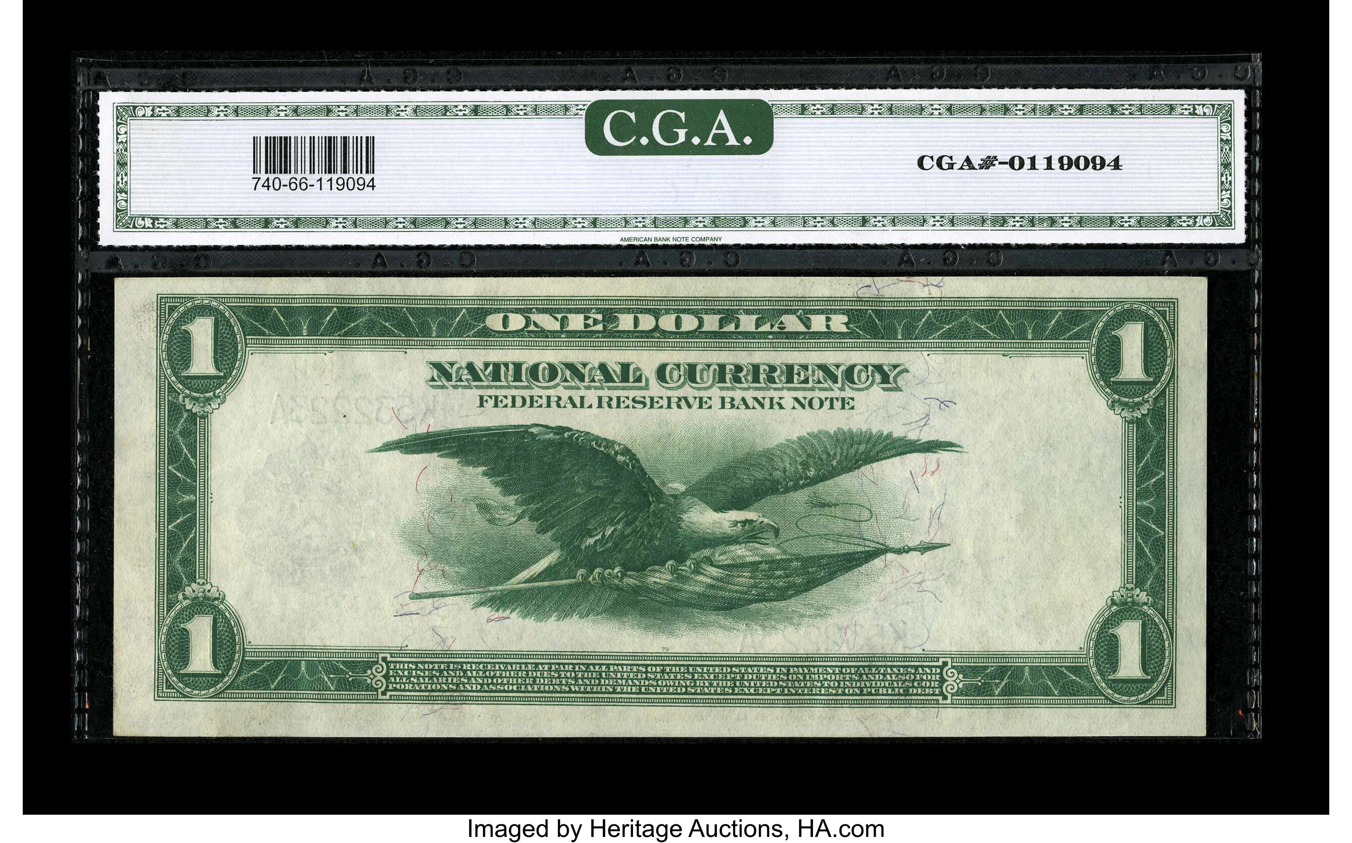 image for: Fr. 740 $1 1918 Federal Reserve Bank Note CGA Gem Uncirculated 66. Embossing of the serial numbers and paper waves are noted...