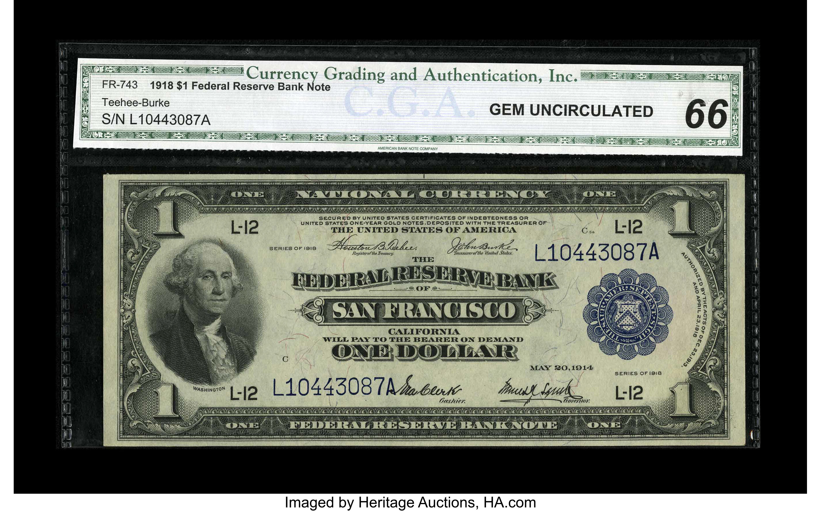 image for: Fr. 743 $1 1918 Federal Reserve Bank Note CGA Gem Uncirculated 66. Unusually broad margins for the type combined with excell...
