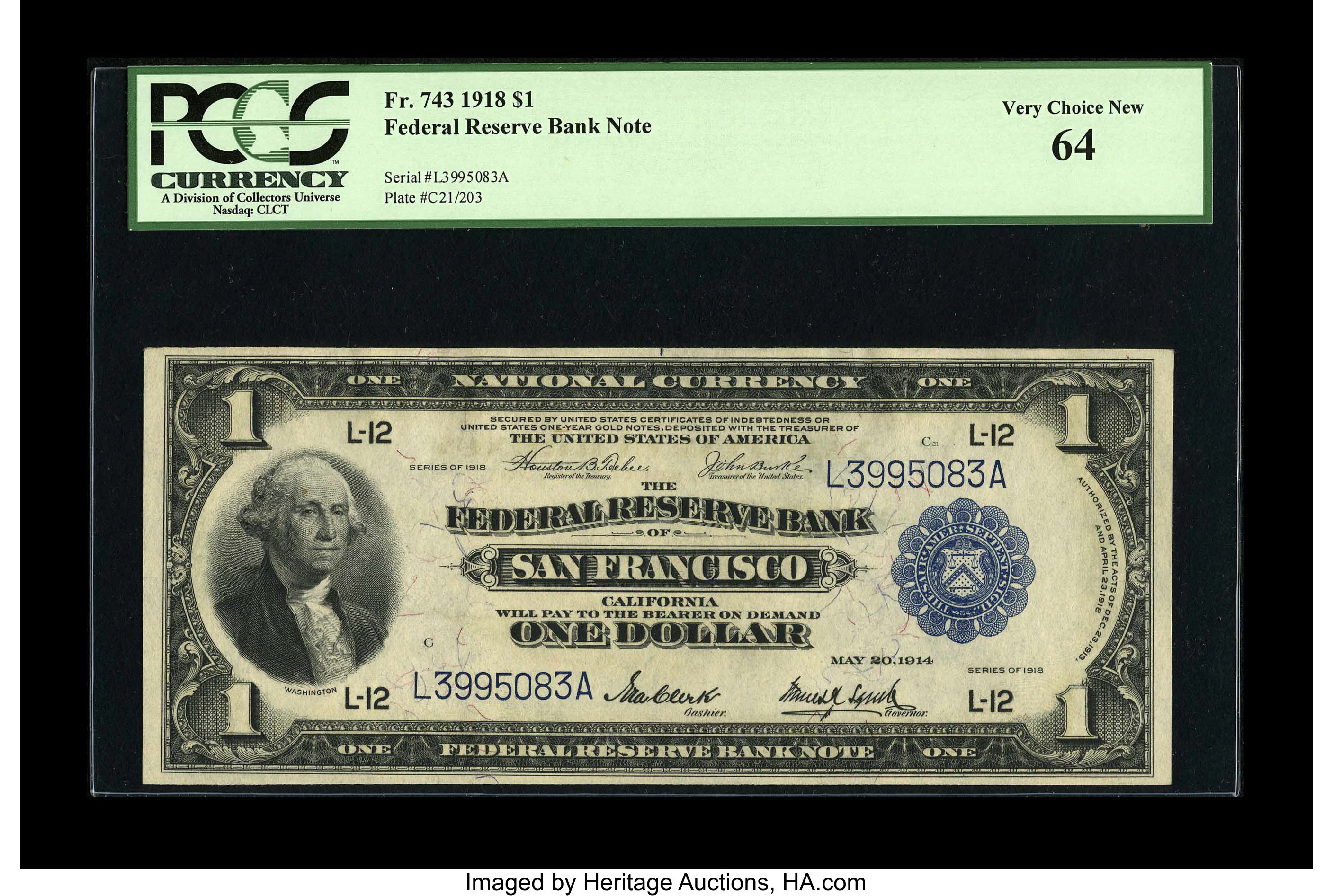 image for: Fr. 743 $1 1918 Federal Reserve Bank Note PCGS Very Choice New 64.