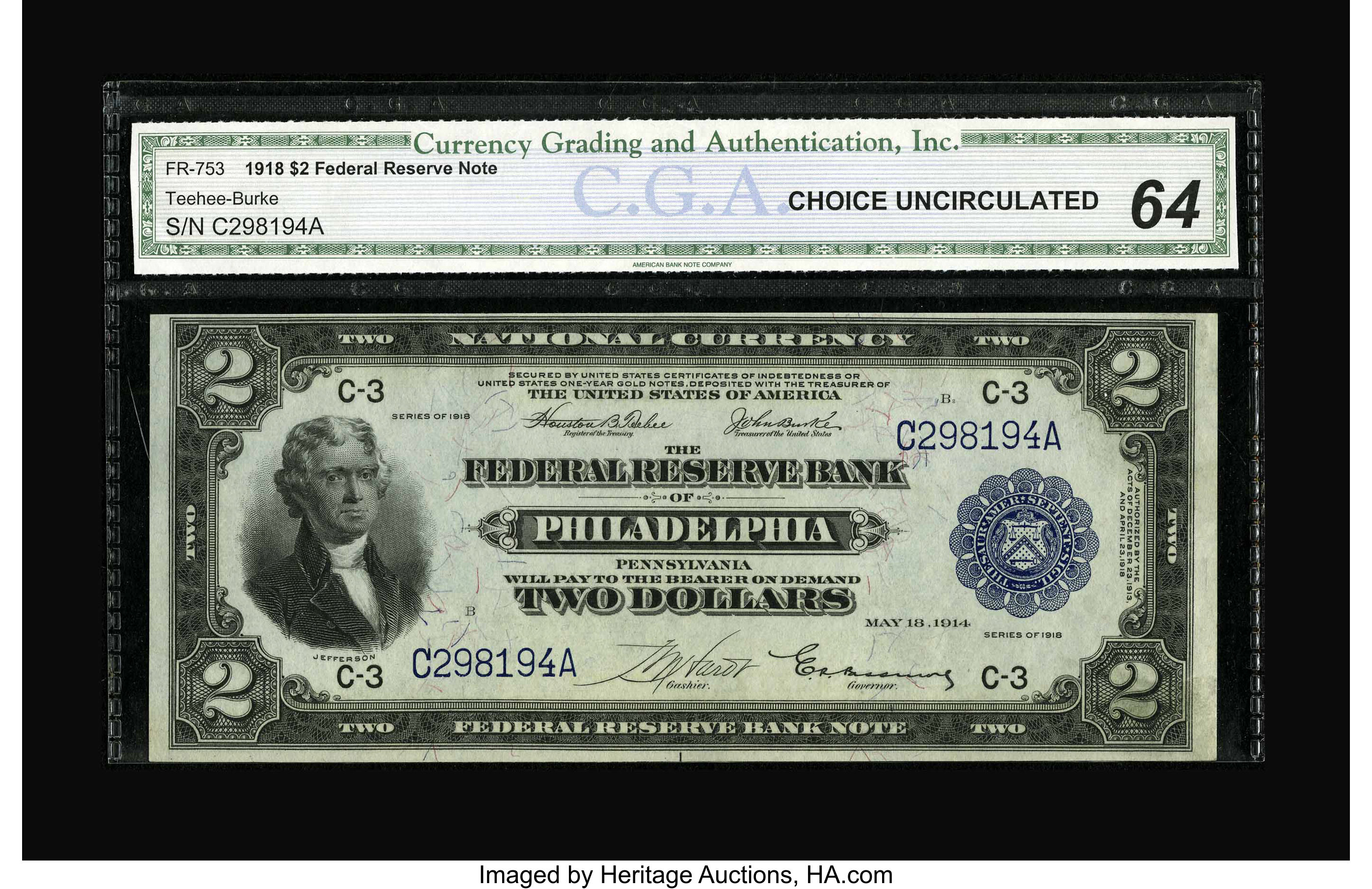image for: Fr. 753 $2 1918 Federal Reserve Bank Note CGA Choice Uncirculated 64. This good looking Battleship appears to be even higher...