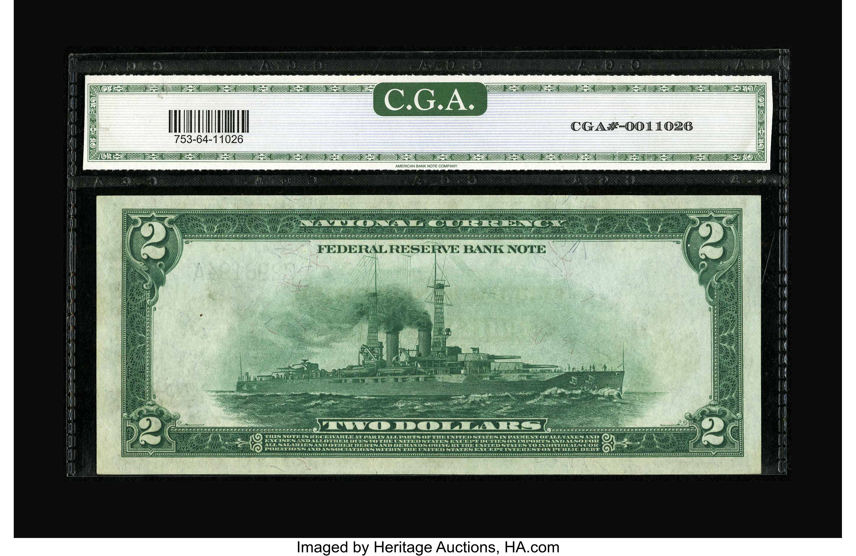 image for: Fr. 753 $2 1918 Federal Reserve Bank Note CGA Choice Uncirculated 64. This good looking Battleship appears to be even higher...