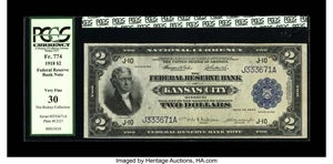 image for: Fr. 774 $2 1918 Federal Reserve Bank Note PCGS Very Fine 30. This Battleship is evenly circulated save for one heavier than ...