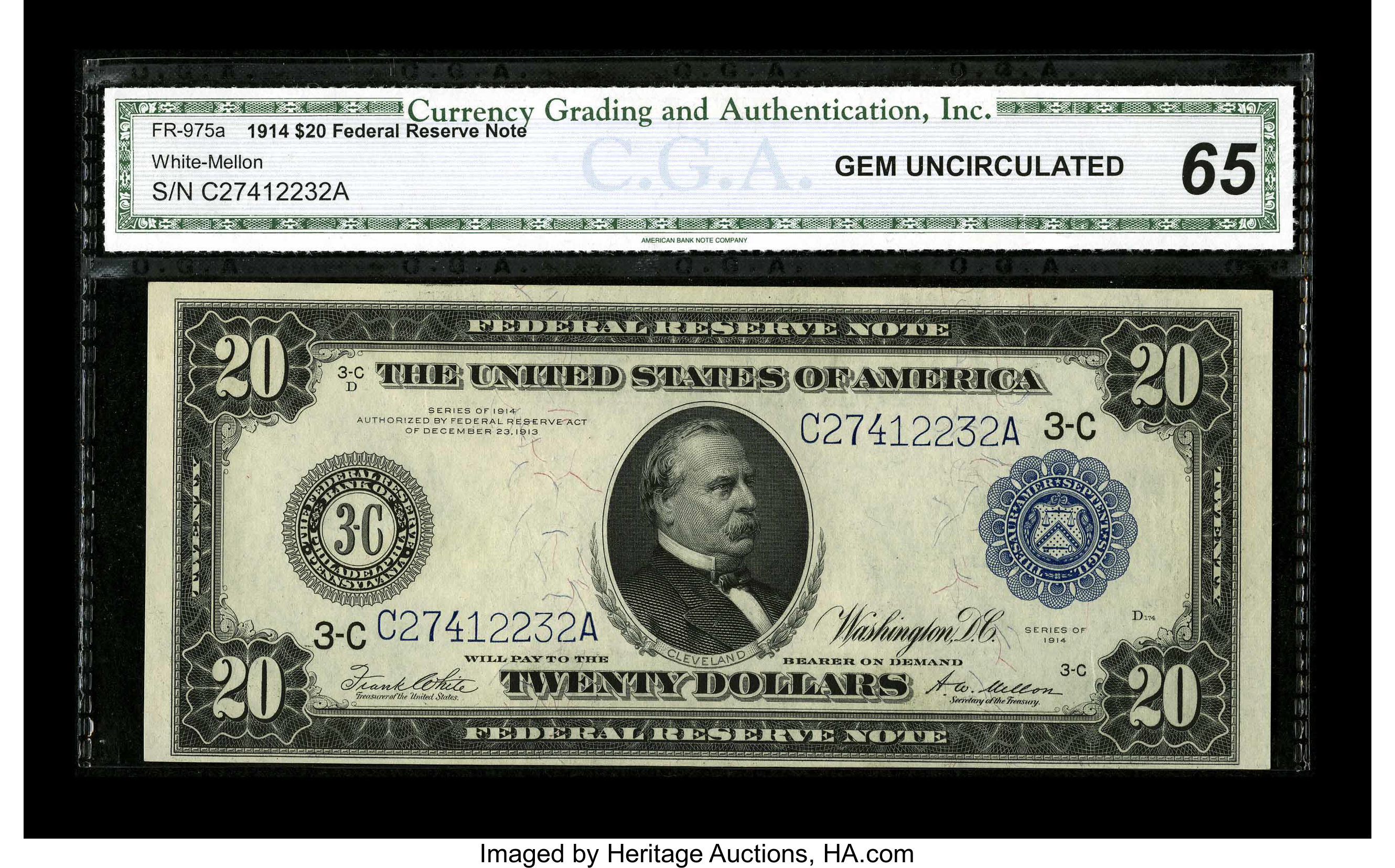 image for: Fr. 975 $20 1914 Federal Reserve Note CGA Gem Uncirculated 65. Only one variety is known for this Friedberg number....