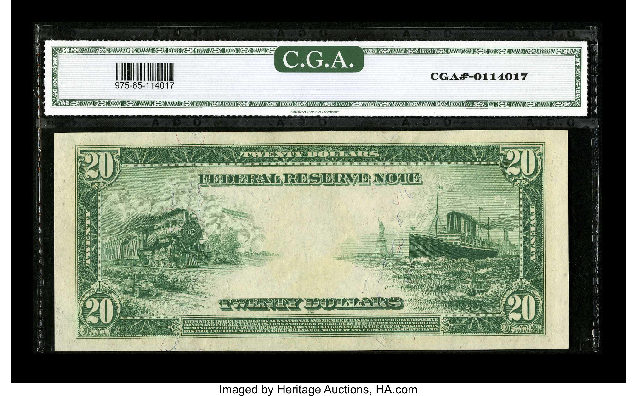 image for: Fr. 975 $20 1914 Federal Reserve Note CGA Gem Uncirculated 65. Only one variety is known for this Friedberg number....