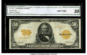 image for: Fr. 1199 $50 1913 Gold Certificate CGA Very Fine 30. This is the scarcer of the two signature combinations on Series 1913 $5...