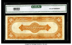 image for: Fr. 1199 $50 1913 Gold Certificate CGA Very Fine 30. This is the scarcer of the two signature combinations on Series 1913 $5...