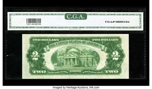 image for: Fr. 1501* $2 1928 Legal Tender Note. CGA Choice Uncirculated 64.This is a brightly overprinted example of an ever popular ...