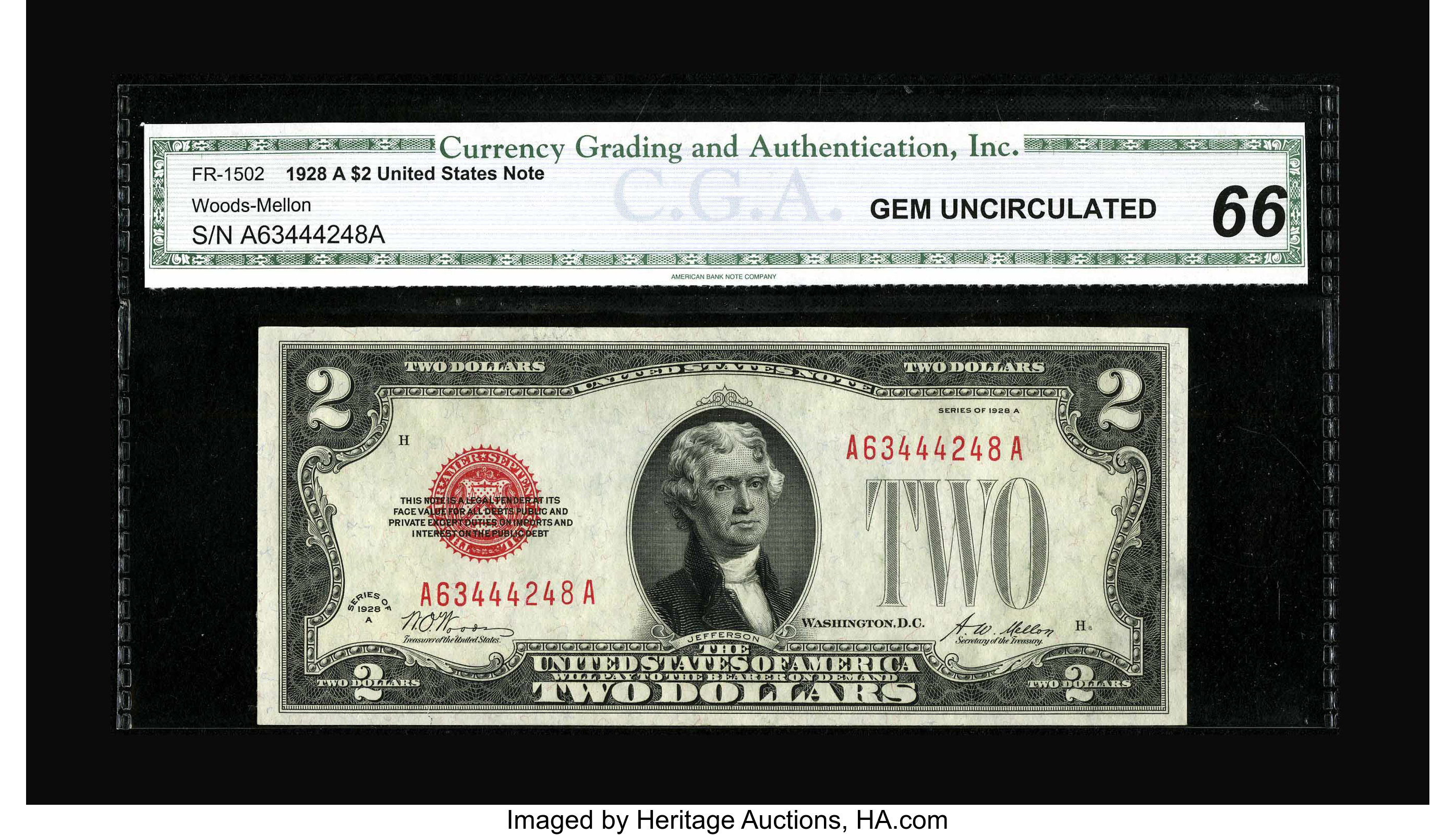 image for: Fr. 1502 $2 1928A Legal Tender Note. CGA Gem Uncirculated 66.Pleasing waves of originality are noted on the paper, even th...