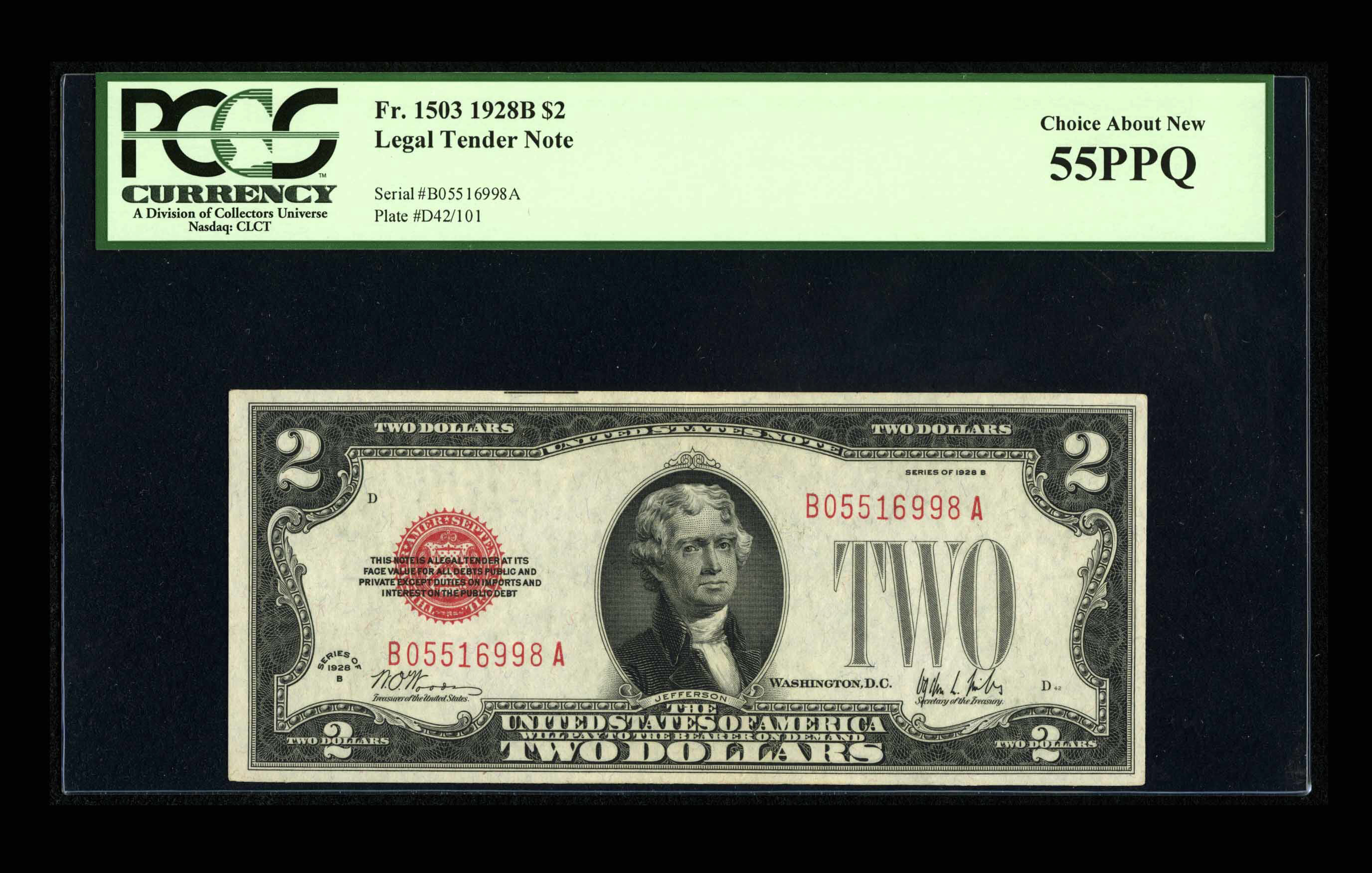 image for: Fr. 1503 $2 1928B Legal Tender Note. PCGS Choice About New 55PPQ.The surfaces are quite bright on this elusive example for...