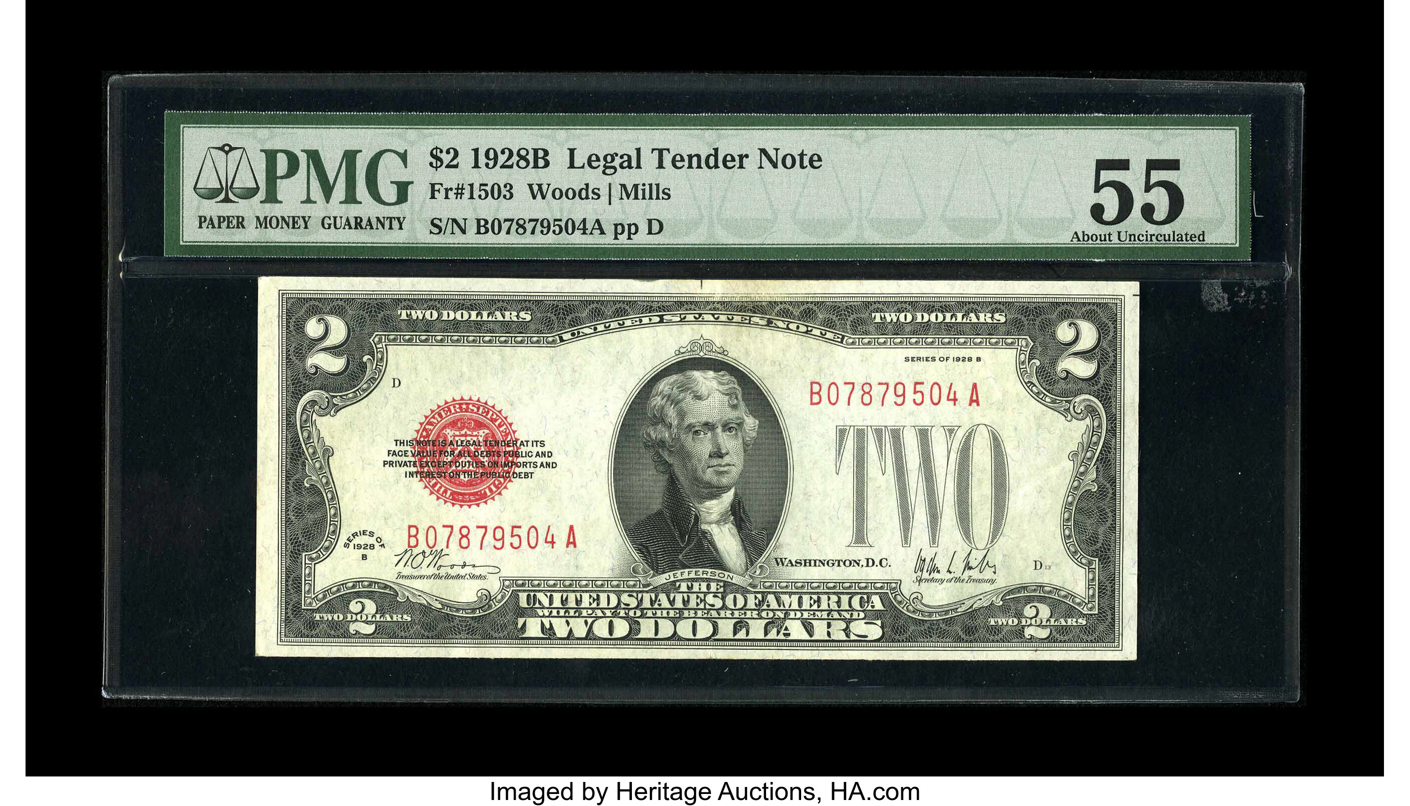 image for: Fr. 1503 $2 1928B Legal Tender Note. PMG About Uncirculated 55.A center fold and some counting soil at back top center def...