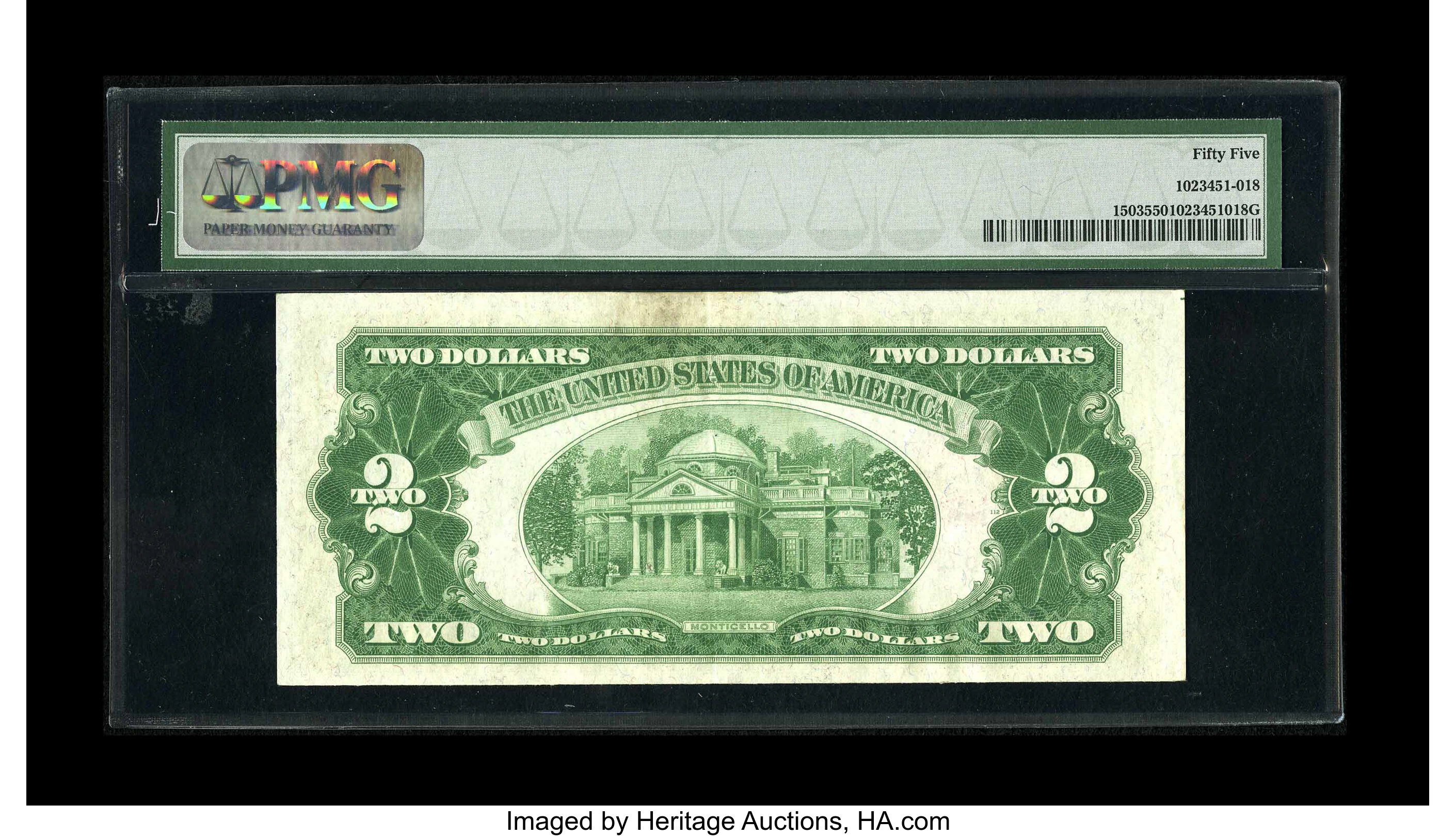 image for: Fr. 1503 $2 1928B Legal Tender Note. PMG About Uncirculated 55.A center fold and some counting soil at back top center def...