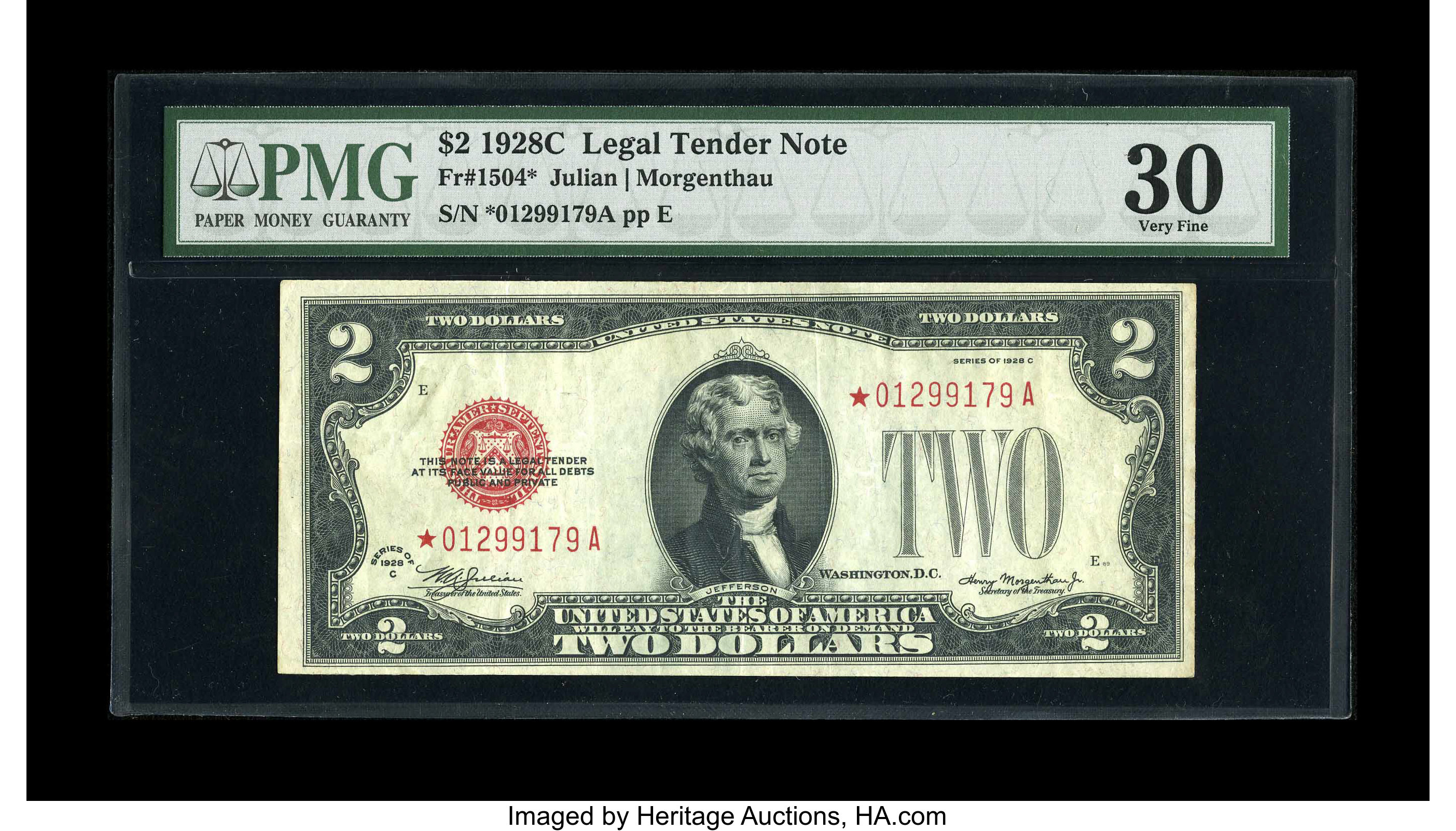 image for: Fr. 1504* $2 1928C Legal Tender Note. PMG Very Fine 30.This is a collectible example of a tough star. The note is bright a...