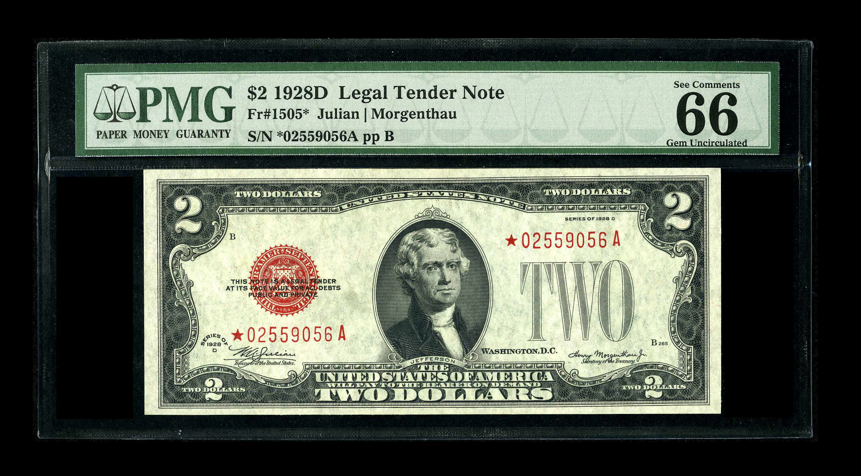 image for: Fr. 1505* $2 1928D Mule Legal Tender Note. PMG Gem Uncirculated 66 EPQ.Micro back check number 279 can be seen on the back...