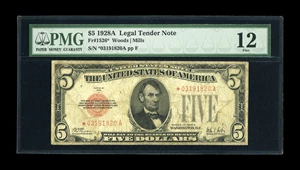 image for: Fr. 1526* $5 1928A Legal Tender Note. PMG Fine 12.This is the scarcest of the non-mule red seal stars which should see str...