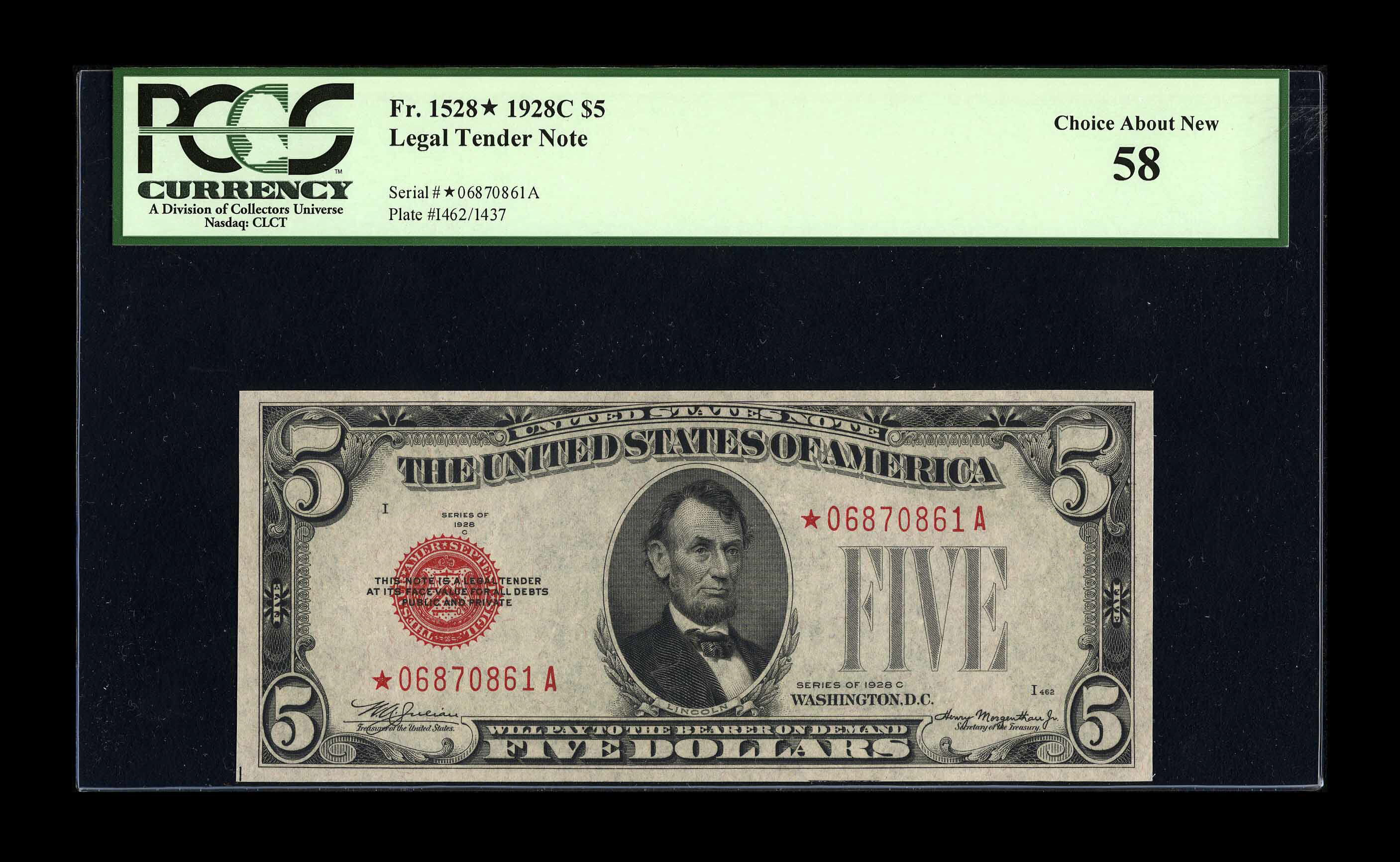 image for: Fr. 1528* $5 1928C Legal Tender Note. PCGS Choice About New 58.Red seal replacement notes have always fascinated collector...