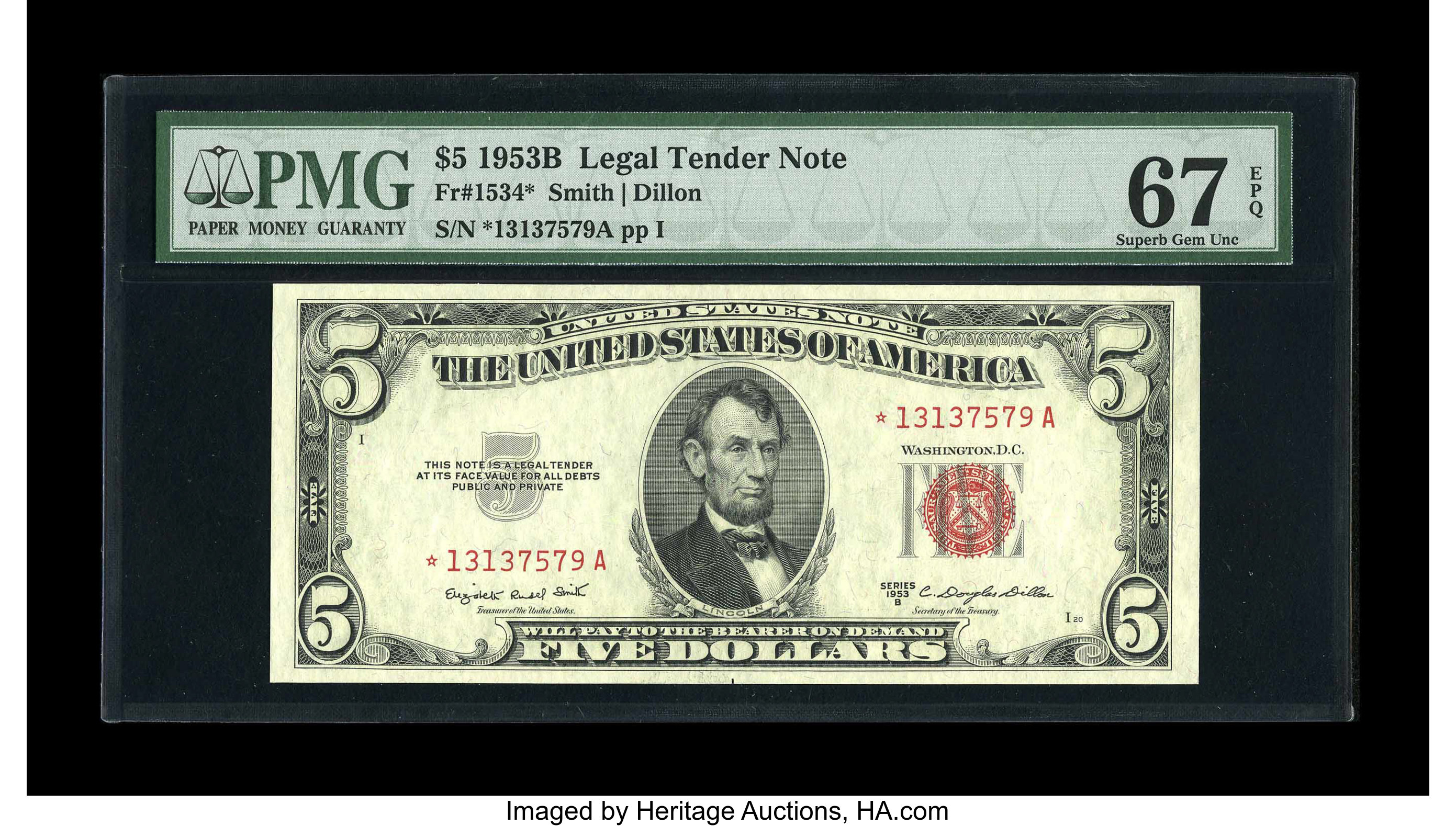 image for: Fr. 1534* $5 1953B Legal Tender Note. PMG Superb Gem Unc 67 EPQ.A pleasingly original piece with broad margins.From Th...
