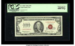 image for: Fr. 1550* $100 1966 Legal Tender Note. PCGS Superb Gem New 68PPQ.This $100 Legal has the proverbial board walk margins to ...
