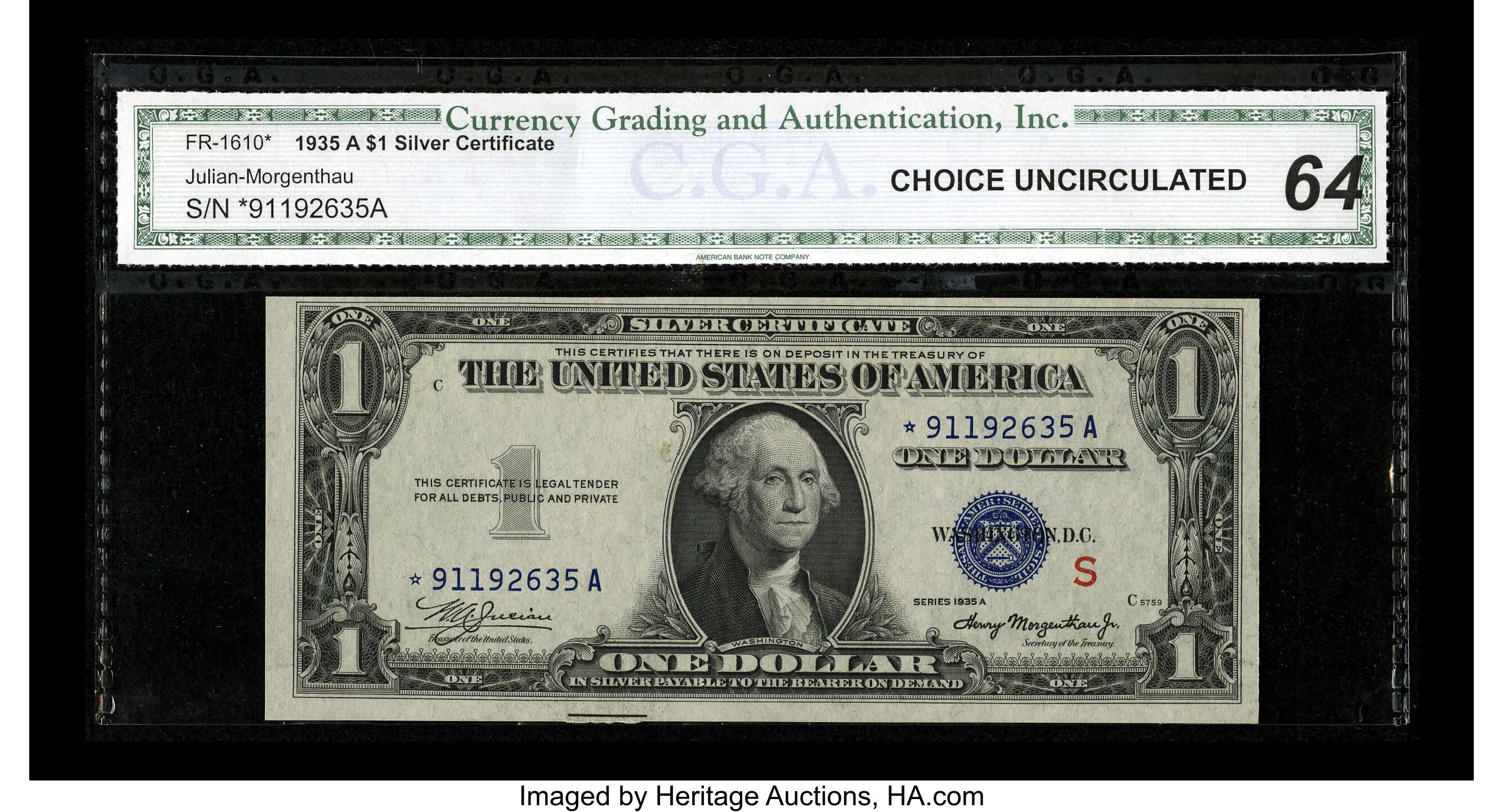 image for: Fr. 1610* $1 1935A S Silver Certificate. CGA Choice Uncirculated 64.Pleasing paper quality is noted through the third part...