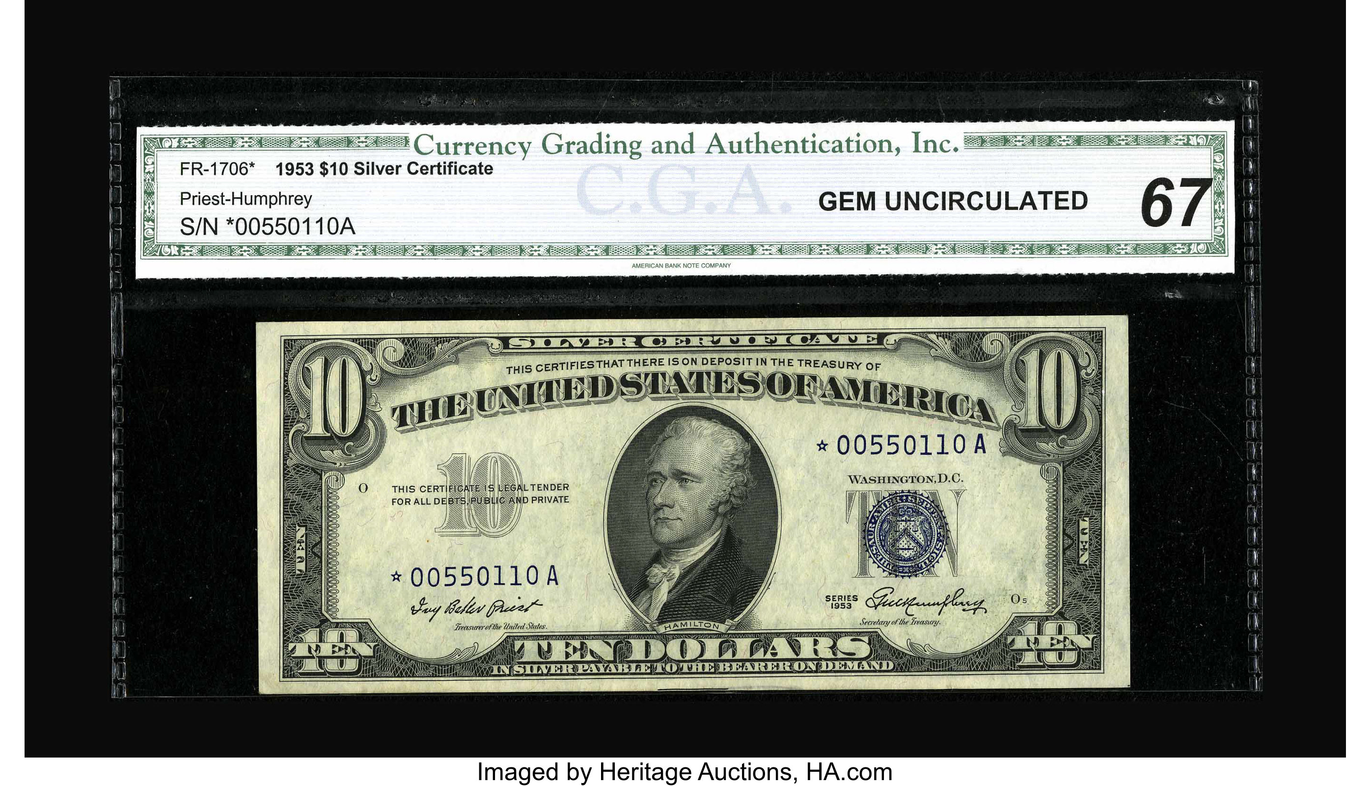 image for: Fr. 1706* $10 1953 Silver Certificate. CGA Gem Uncirculated 67.A well centered example of this in demand star which has be...