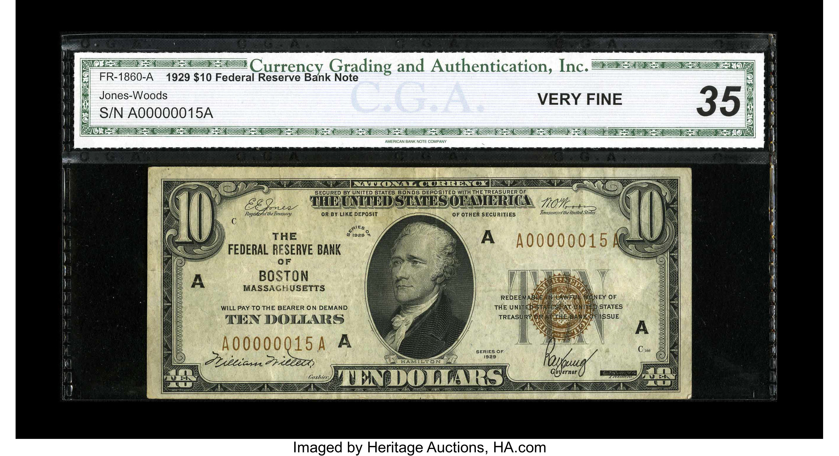 image for: Fr. 1860-A $10 1929 Federal Reserve Bank Note. CGA Very Fine 35.Low serial number "15" graces this Boston $10 FRBN....