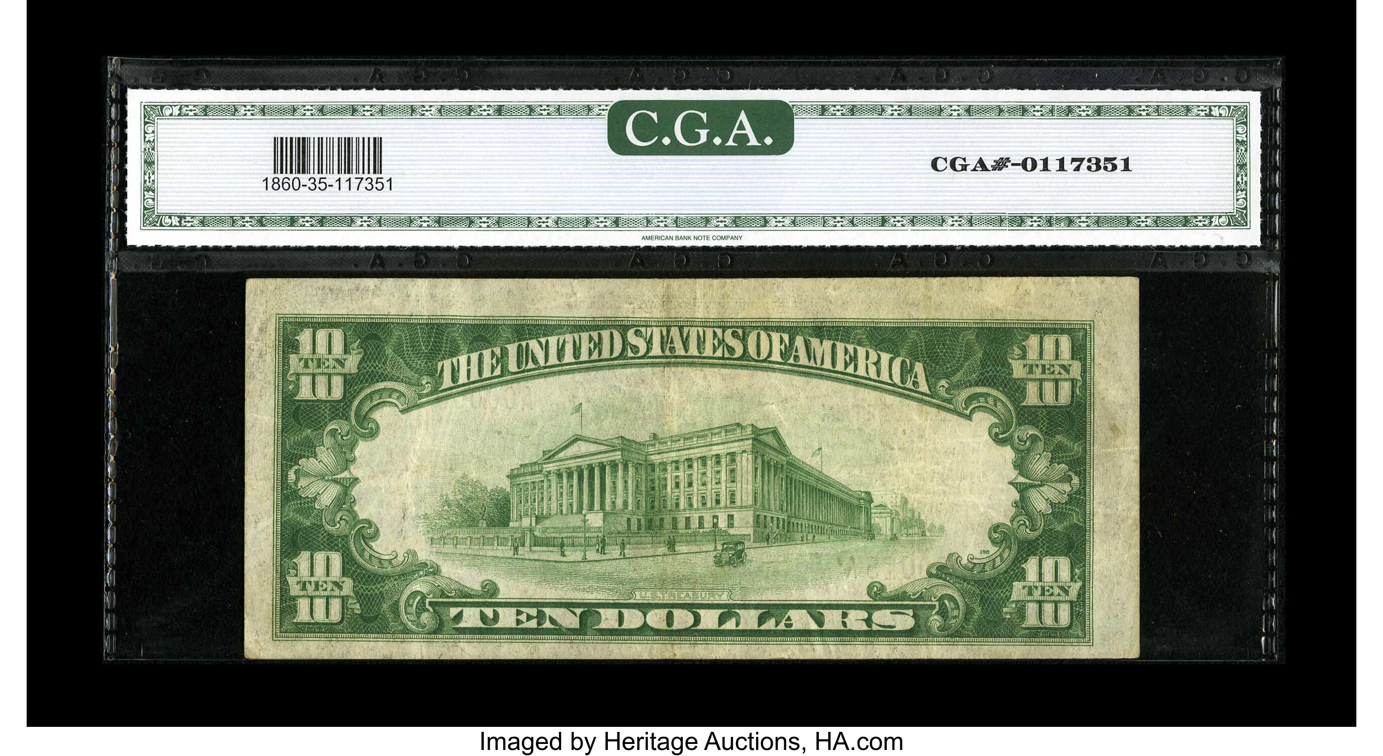image for: Fr. 1860-A $10 1929 Federal Reserve Bank Note. CGA Very Fine 35.Low serial number "15" graces this Boston $10 FRBN....