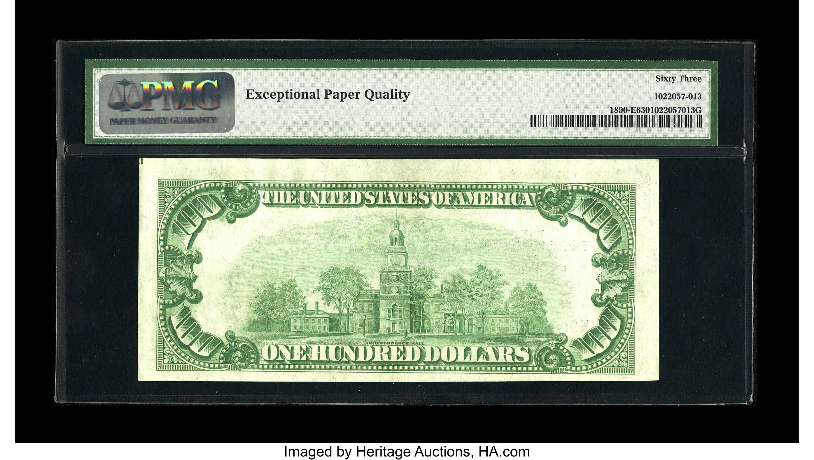 image for: Fr. 1890-E $100 1929 Federal Reserve Bank Note. PMG Choice Uncirculated 63 EPQ.Plenty of embossing remains on this note th...