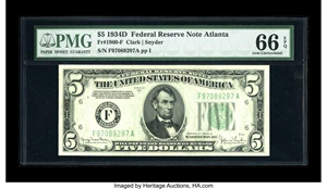 image for: Fr. 1960-F $5 1934D Federal Reserve Note. PMG Gem Uncirculated 66 EPQ.Nearly 9.6 million notes were printed for the Atlant...