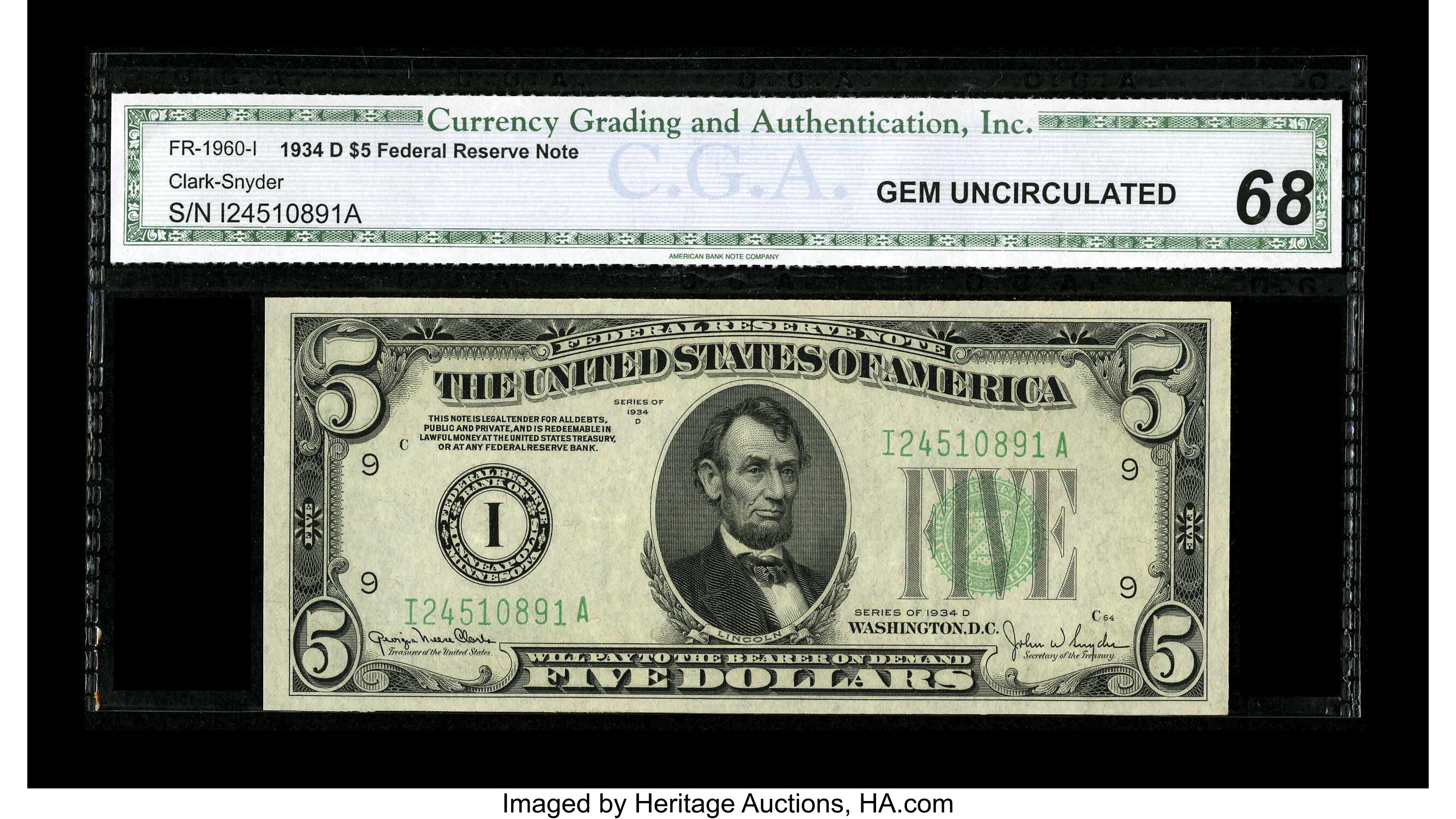 image for: Fr. 1960-I $5 1934D Federal Reserve Note. CGA Gem Uncirculated 68.Titanic margins and good embossing are seen on this very...