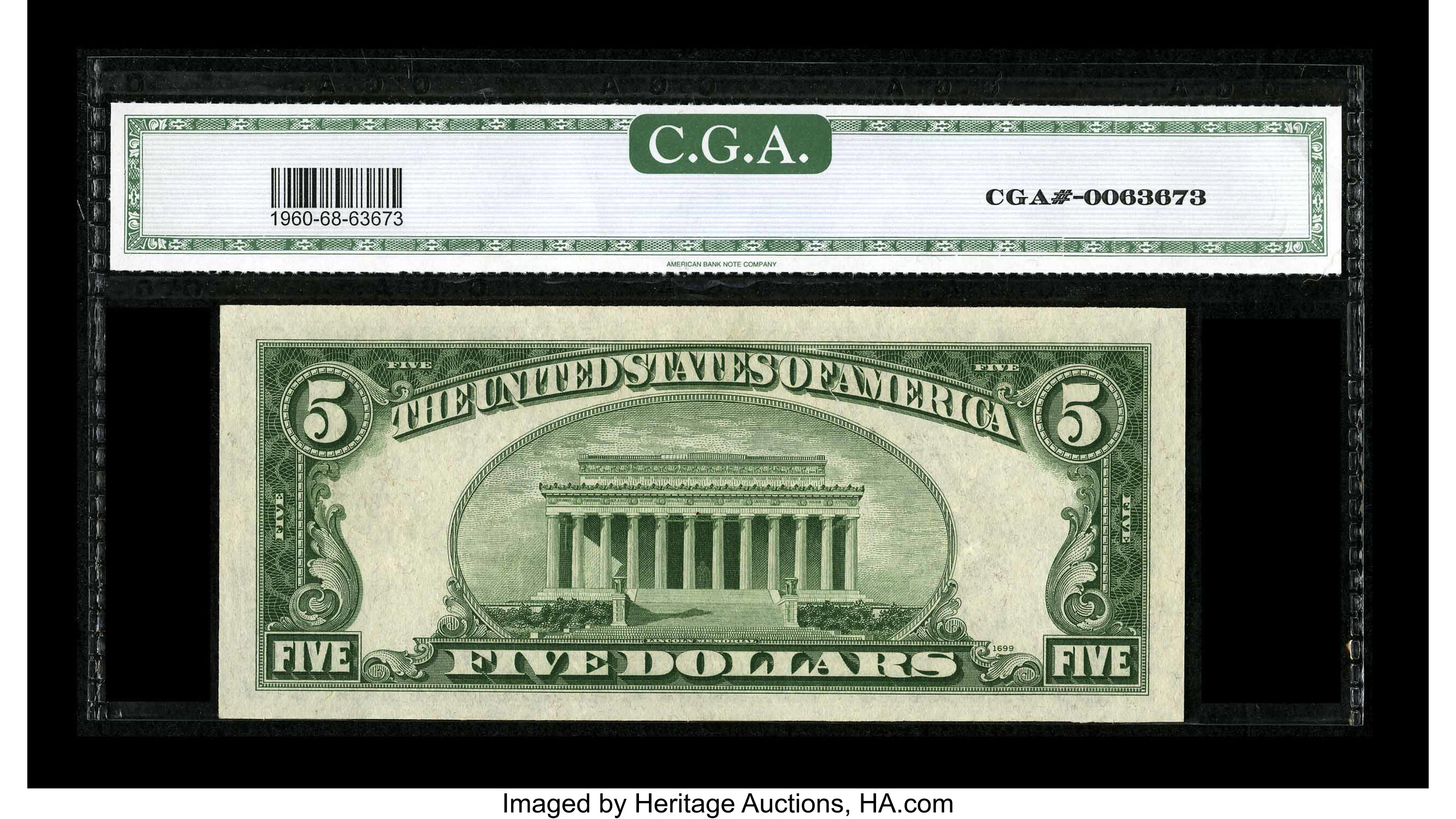 image for: Fr. 1960-I $5 1934D Federal Reserve Note. CGA Gem Uncirculated 68.Titanic margins and good embossing are seen on this very...