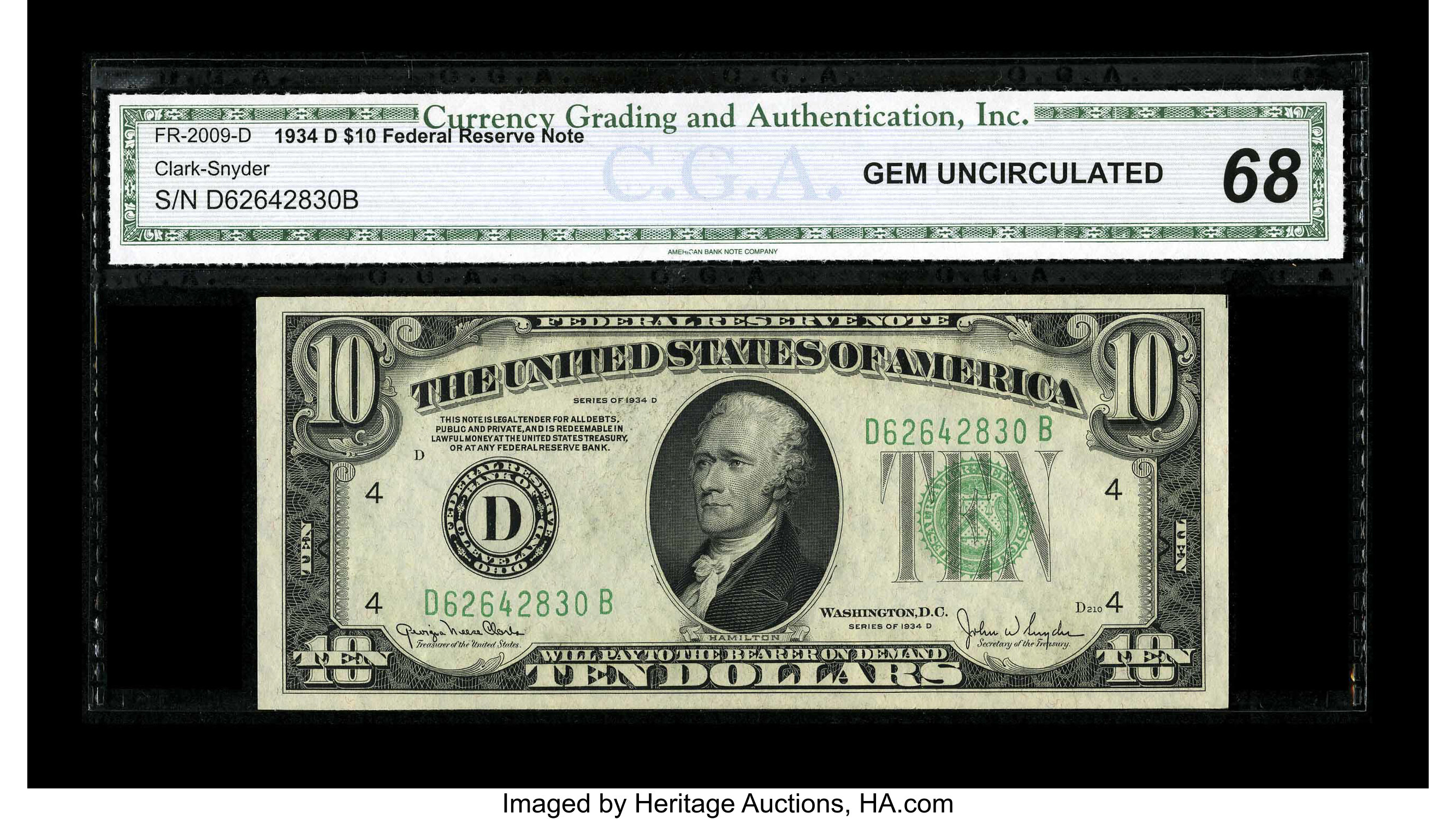 image for: Fr. 2009-D $10 1934D Federal Reserve Note. CGA Gem Uncirculated 68.Behemoth margins are found on this Cleveland FRN which ...