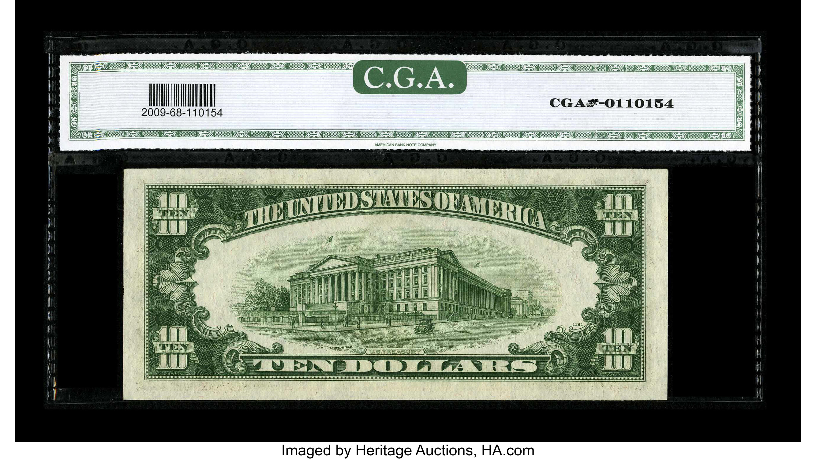 image for: Fr. 2009-D $10 1934D Federal Reserve Note. CGA Gem Uncirculated 68.Behemoth margins are found on this Cleveland FRN which ...