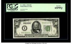 image for: Fr. 2100-A $50 1928 Federal Reserve Note. PCGS Gem New 65PPQ.This certainly is one of the keys to completing a set of note...