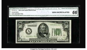 image for: Fr. 2101-A $50 1928A Federal Reserve Note. CGA Gem Uncirculated 66.Solid margins surround boldly printed, deep black and g...