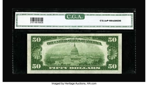 image for: Fr. 2101-A $50 1928A Federal Reserve Note. CGA Gem Uncirculated 66.Solid margins surround boldly printed, deep black and g...