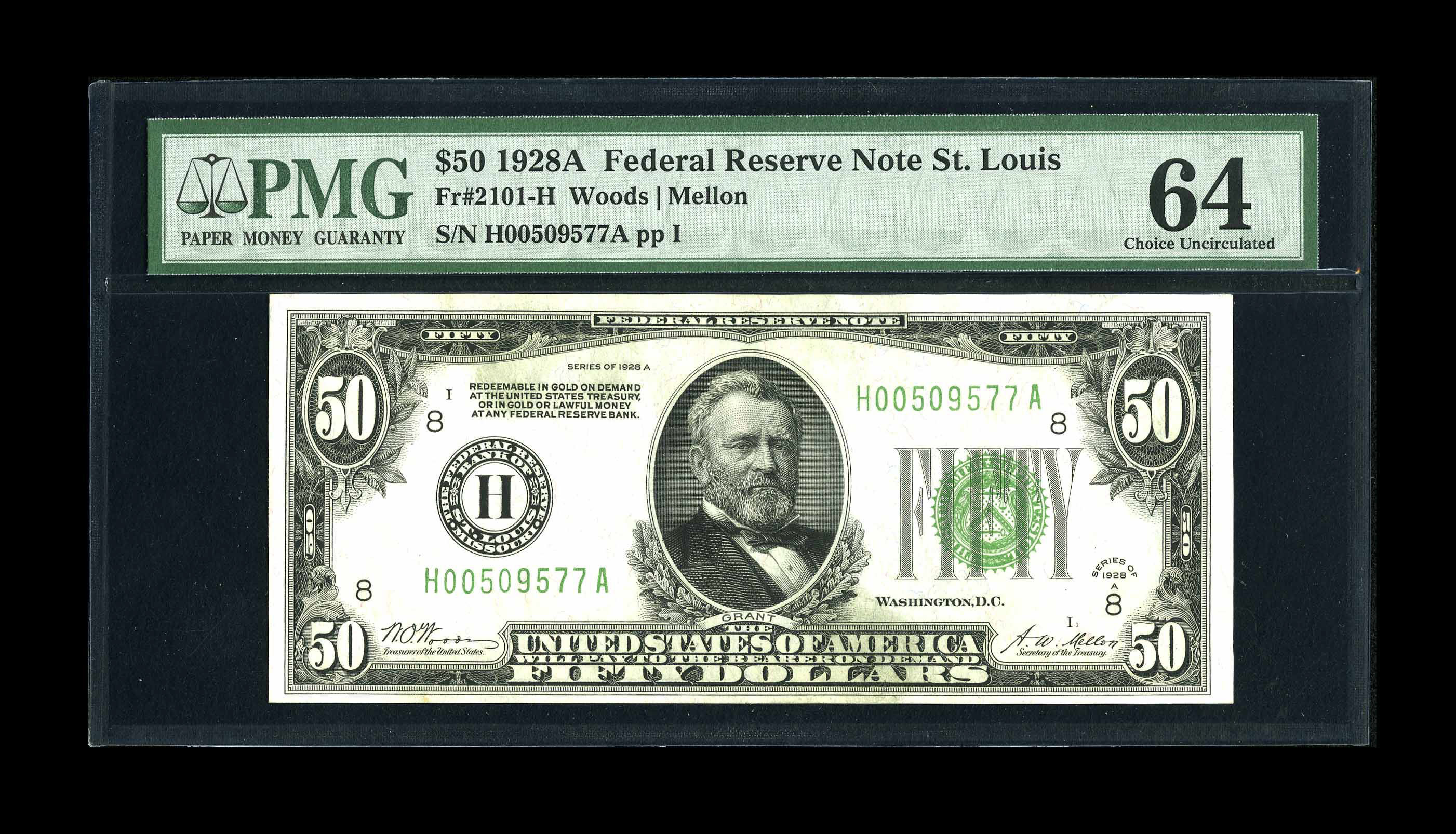 image for: Fr. 2101-H $50 1928A Federal Reserve Note. PMG Choice Uncirculated 64.This example has the grading guesswork eliminated....