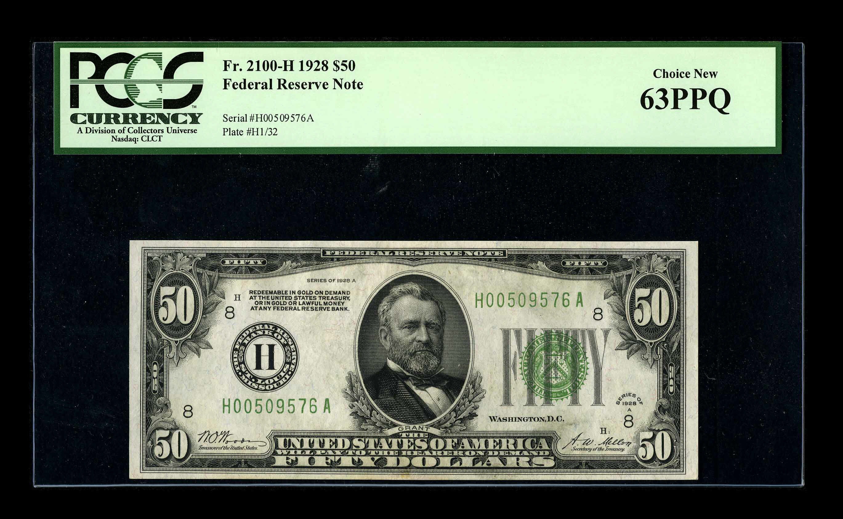image for: Fr. 2101-H $50 1928 Federal Reserve Note. PCGS Choice New 63PPQ.This is a broadly margined and well embossed example of th...