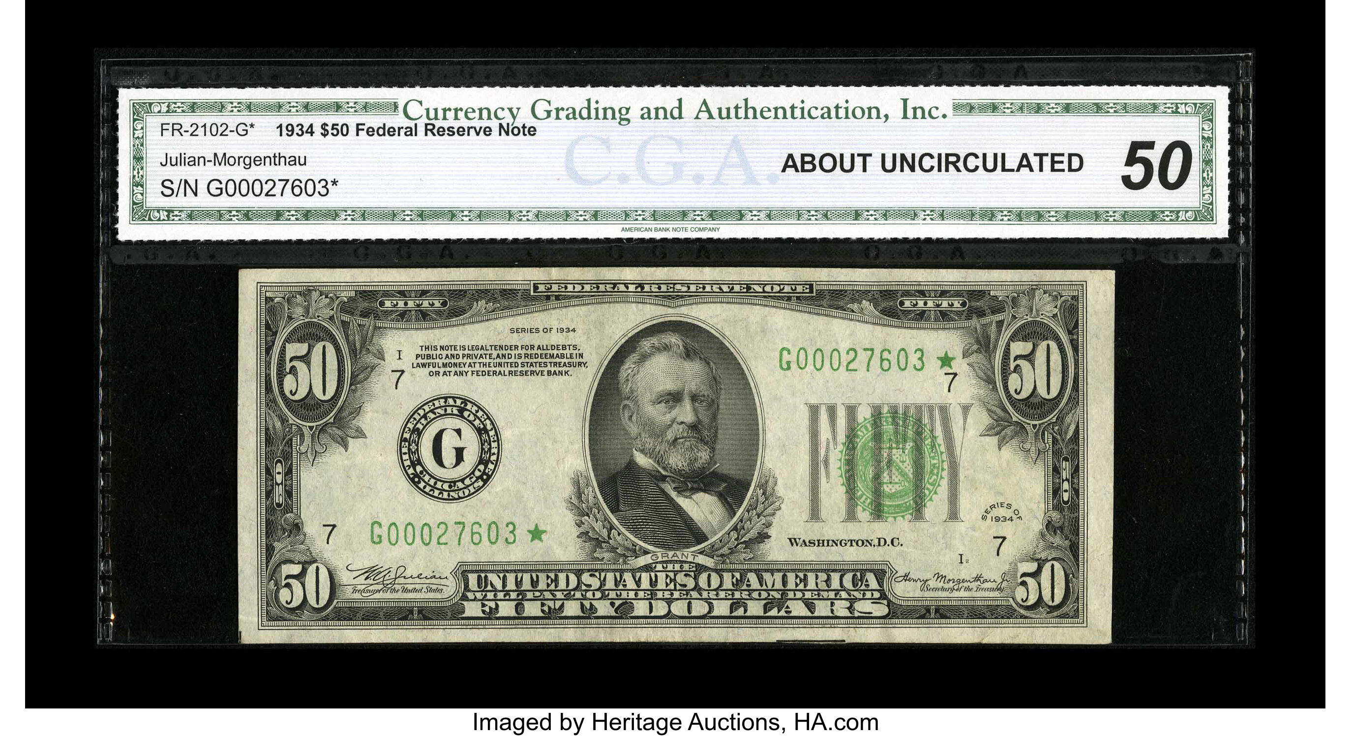 image for: Fr. 2102-G* $50 1934 Federal Reserve Note. CGA About Uncirculated 50.Vibrant color still shows through the CGA encasement....