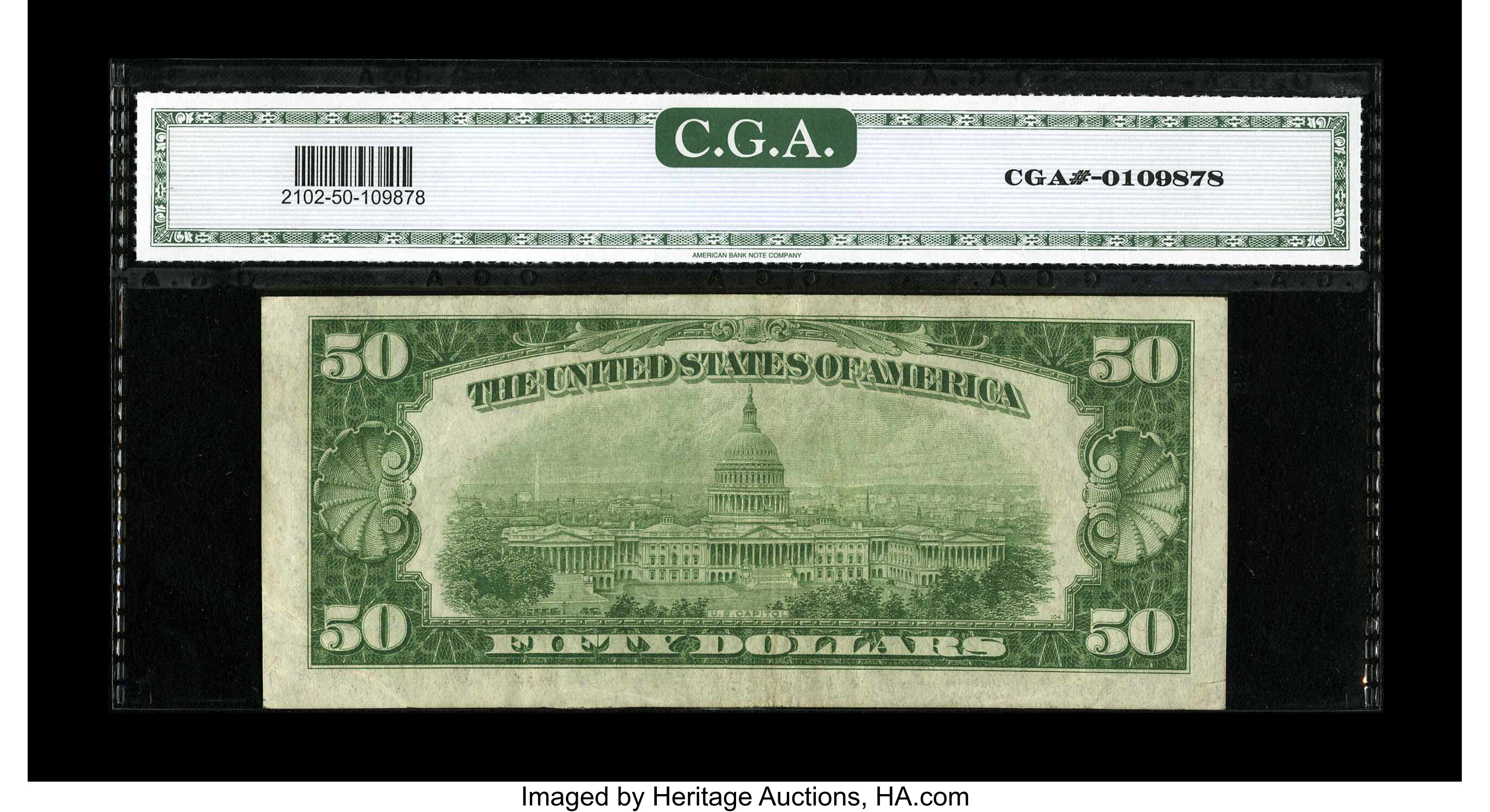 image for: Fr. 2102-G* $50 1934 Federal Reserve Note. CGA About Uncirculated 50.Vibrant color still shows through the CGA encasement....